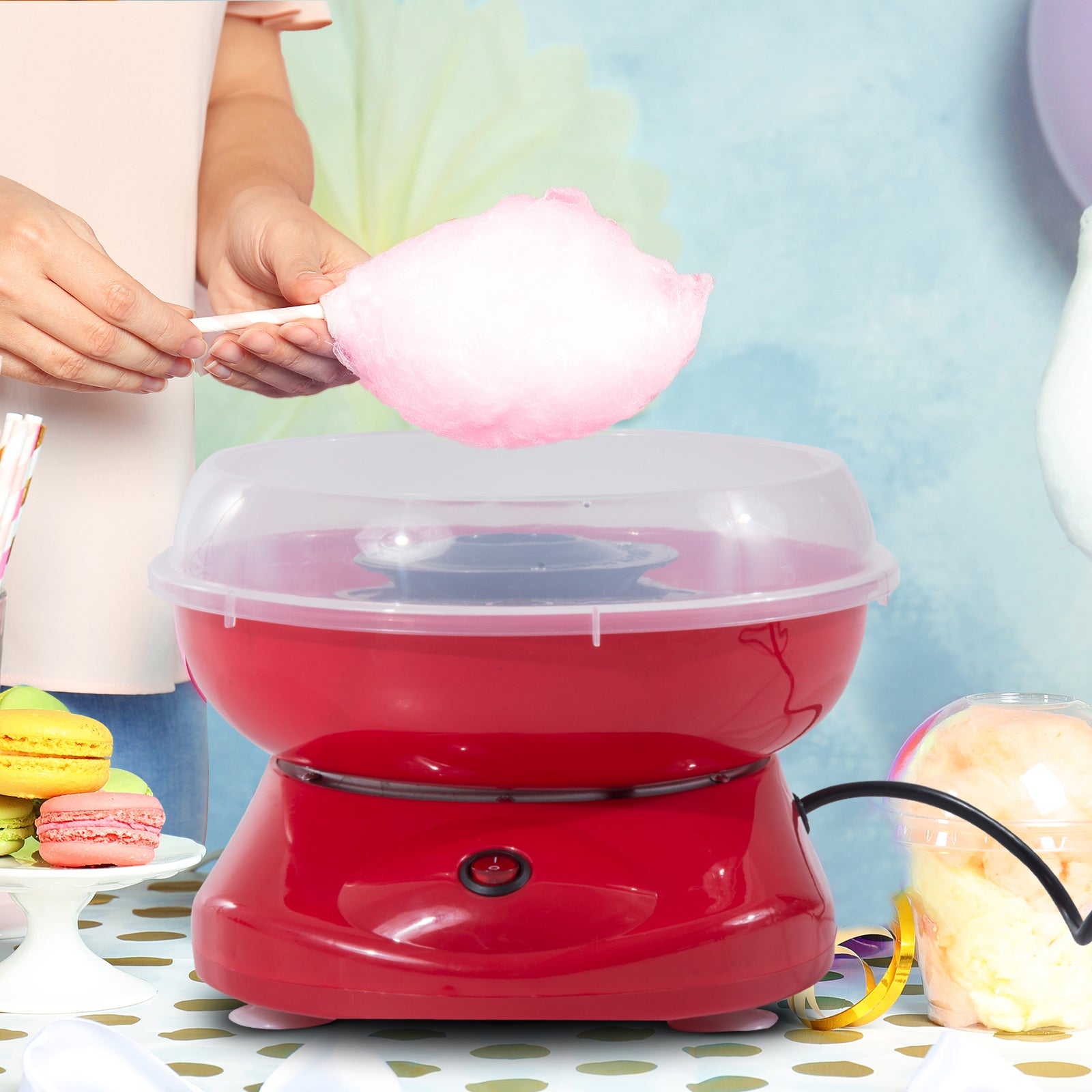 HOMCOM Zuckerwattemaschine, einfach zu bedienendes Zuckerwattegerät, für Erwachsene und Kinder, Edelstahl, PP, Rot