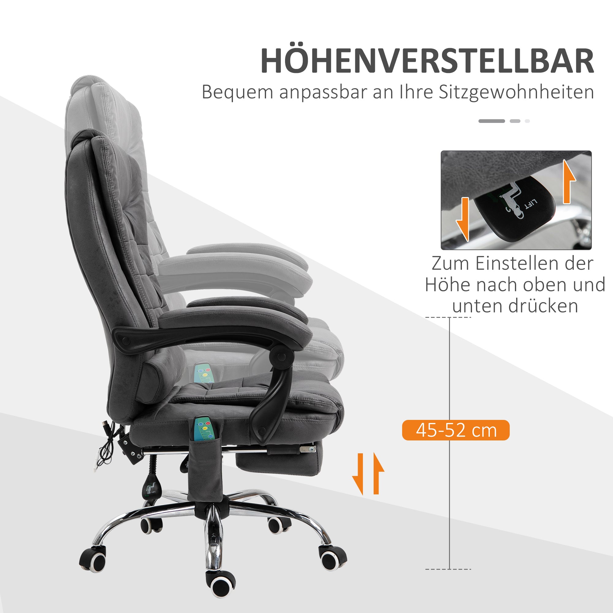 Vinsetto Bürostuhl mit Massagefunktion, ergonomisch, 65x160x104cm, Grau