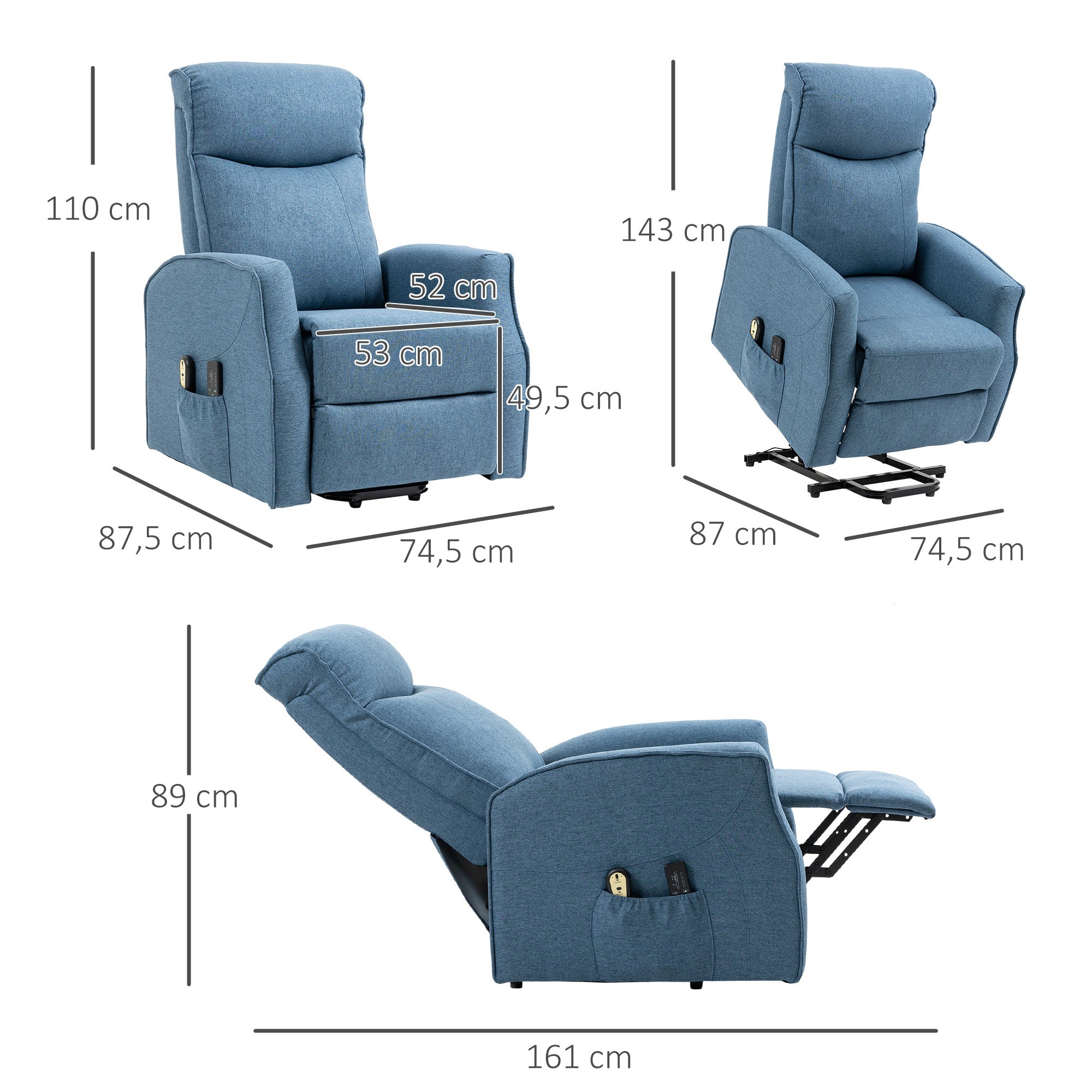 HOMCOM Massagesessel mit Aufstehhilfe, Relaxsessel, inkl. Fernbedienung, 1 Seitentasche, Fußstütze, Blau