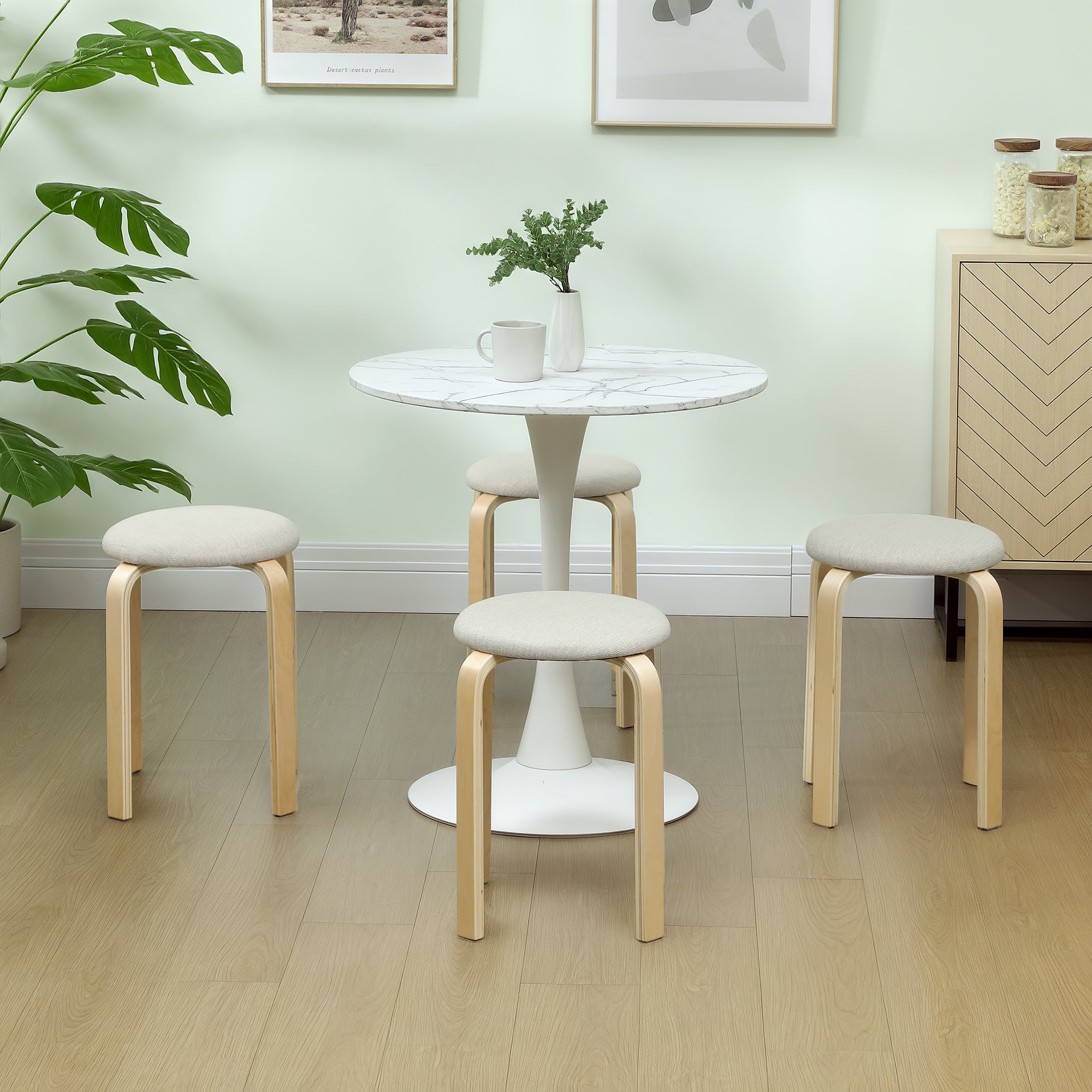 HOMCOM Polsterhocker im 4er-Set, stapelbar, lackierte Oberfläche, Holzbeine, Cremeweiß