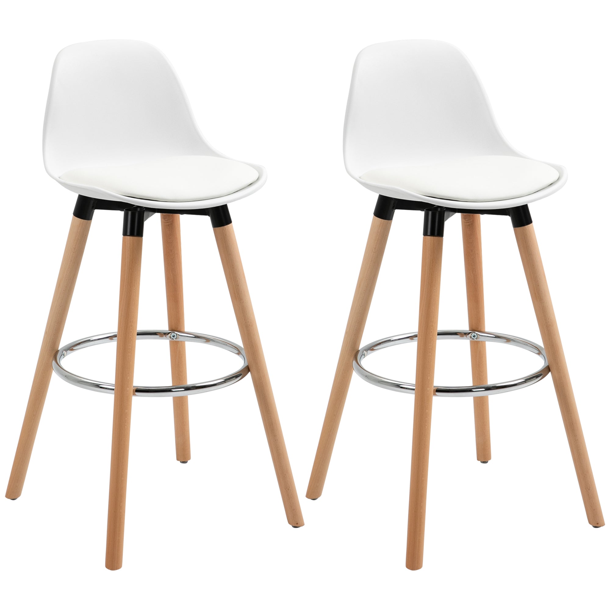 HOMCOM 2er-Set Barhocker Barstühle Skandi-Design, Fußtstütze, 38,5 cm x 42,5 cm x 91 cm, Natur + Weiß