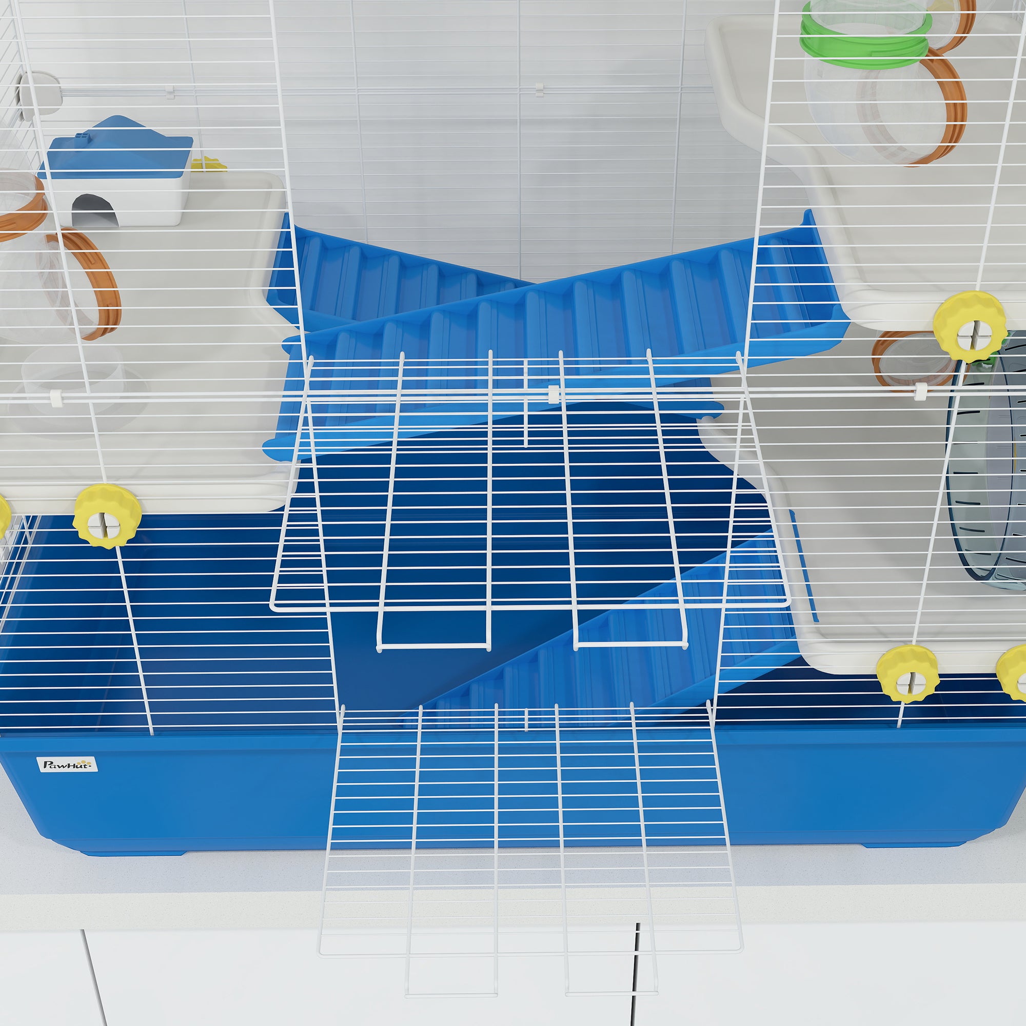 PawHut Hamsterkäfig mit 4 Ebenen, Kleintierkäfig mit Tunnelsystem, Hütte, Laufrad, für Zwerghamster, 78 x 45 x 73 cm, Blau