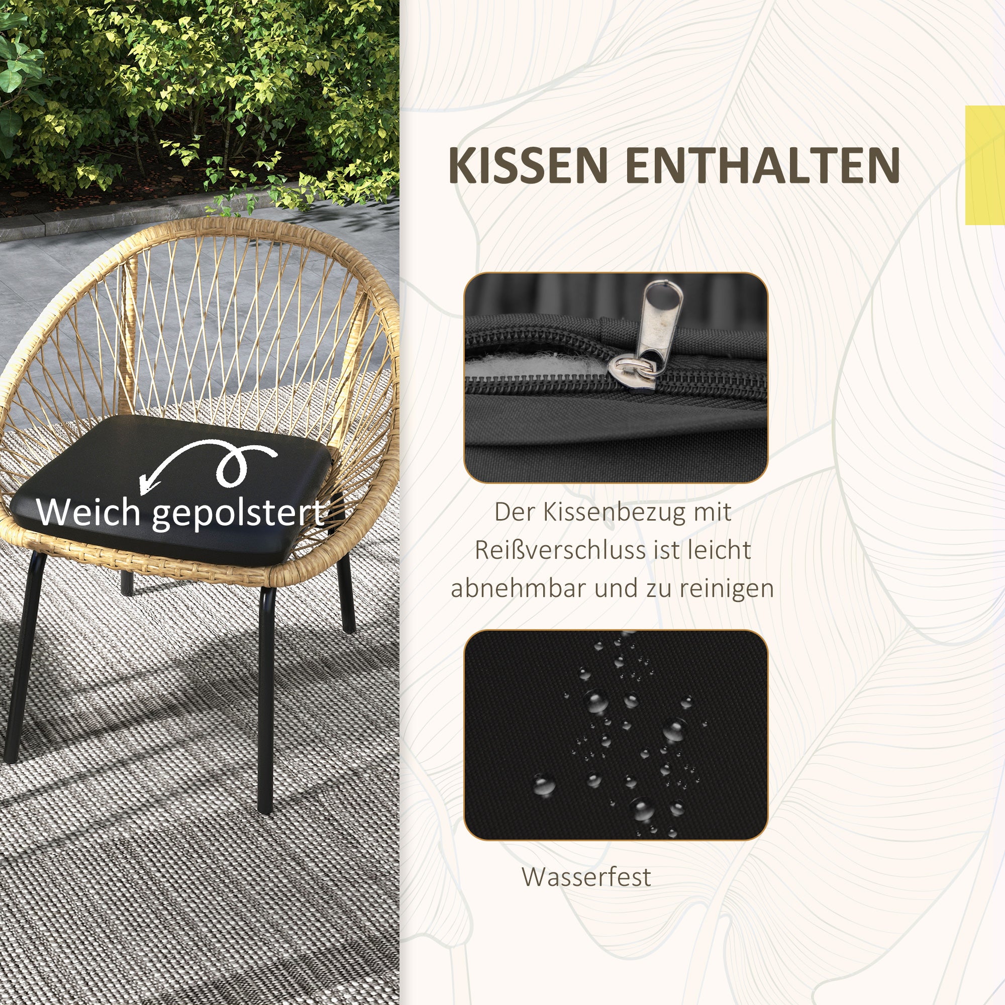 Outsunny Rattan Terrassengarnitur, Gartenmöbel-Set, 2 Sessel & Tisch, Gelb