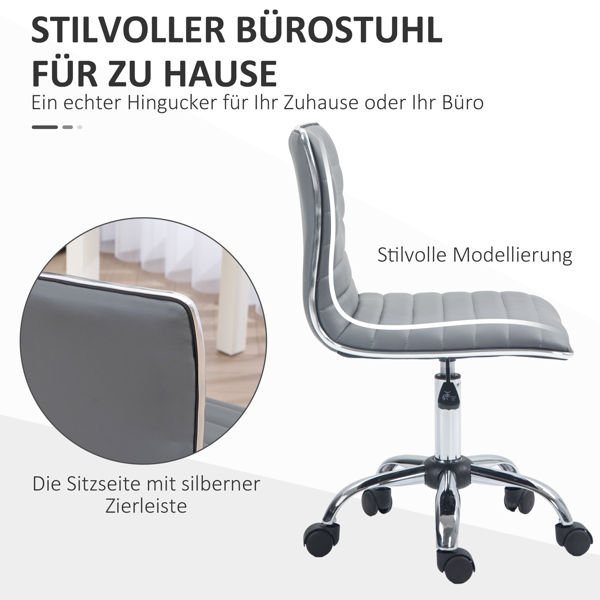 HOMCOM Höhenverstellbarer Salonstuhl mit Rückenlehne, Drehstuhl, Metall, Kunstleder, 48 x 52 x 78-90 cm, Hellgrau