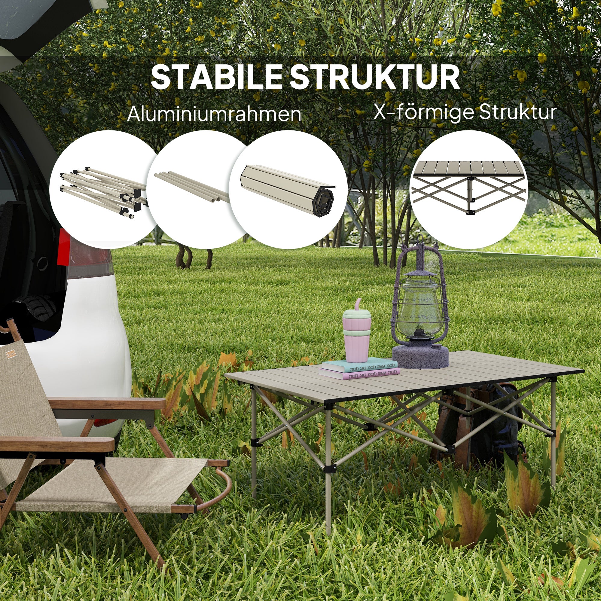 Outsunny Campingtisch Klapptisch mit Aufrollbare Tischplatte Gartentisch aus Aluminium 2 Personen 95 x 55cm Khaki