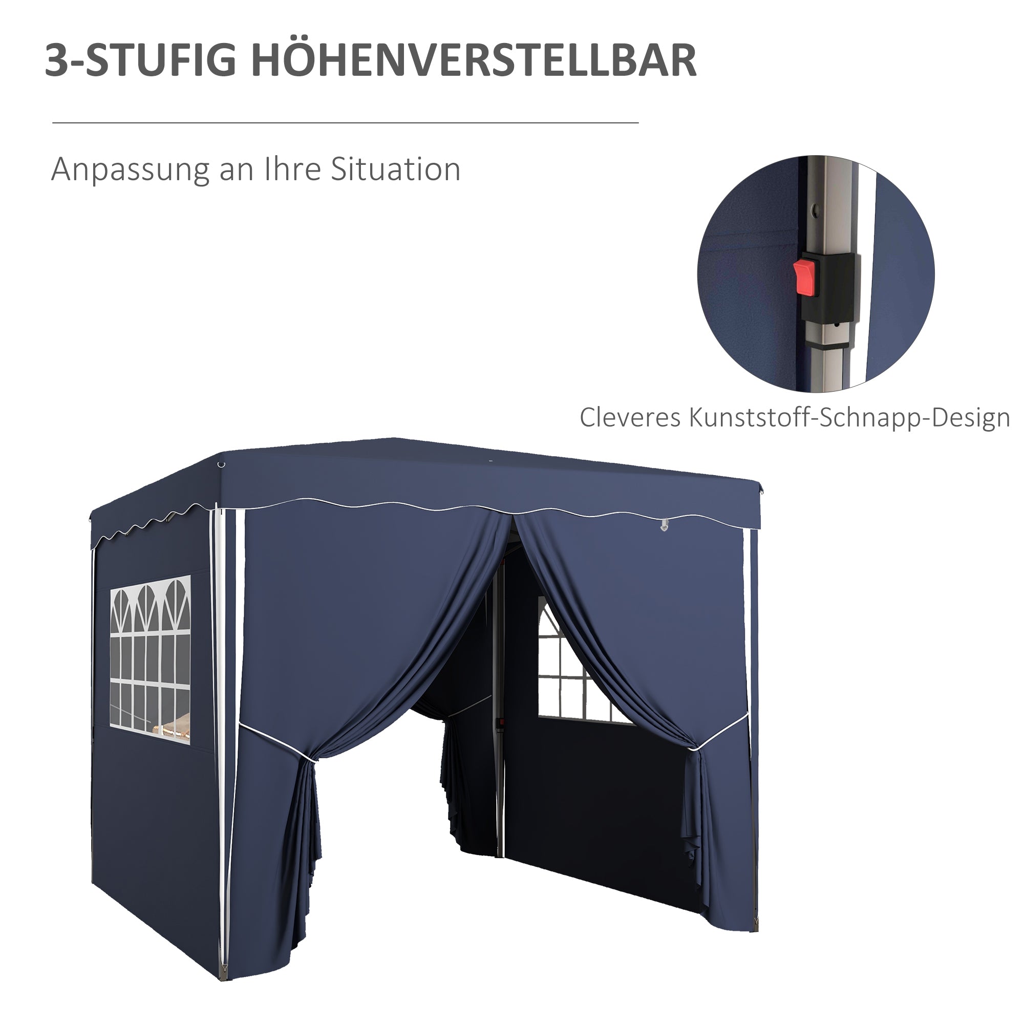 Outsunny Faltpavillon, Gartenpavillon, höhenverstellbar, 2 große Fenster, Tragetasche, Metallgestell, 3x3m, Blau