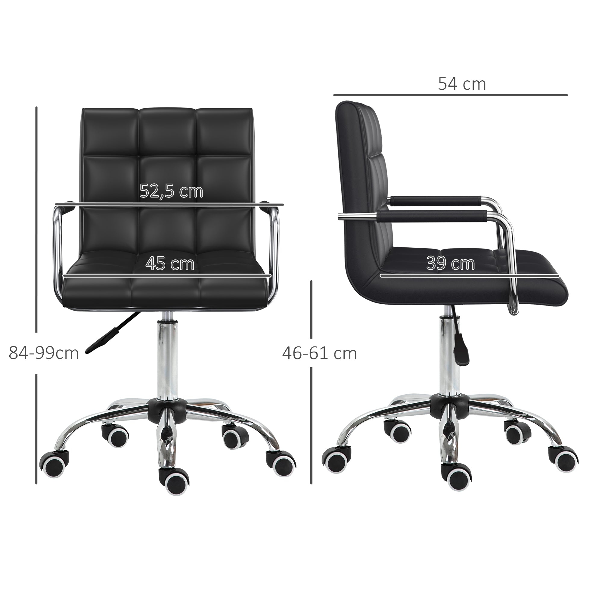 HOMCOM Bürostuhl im Retrodesign, höhenverstellbar, 5 Rollen, 52,5 cm x 54 cm x 99 cm, Schwarz