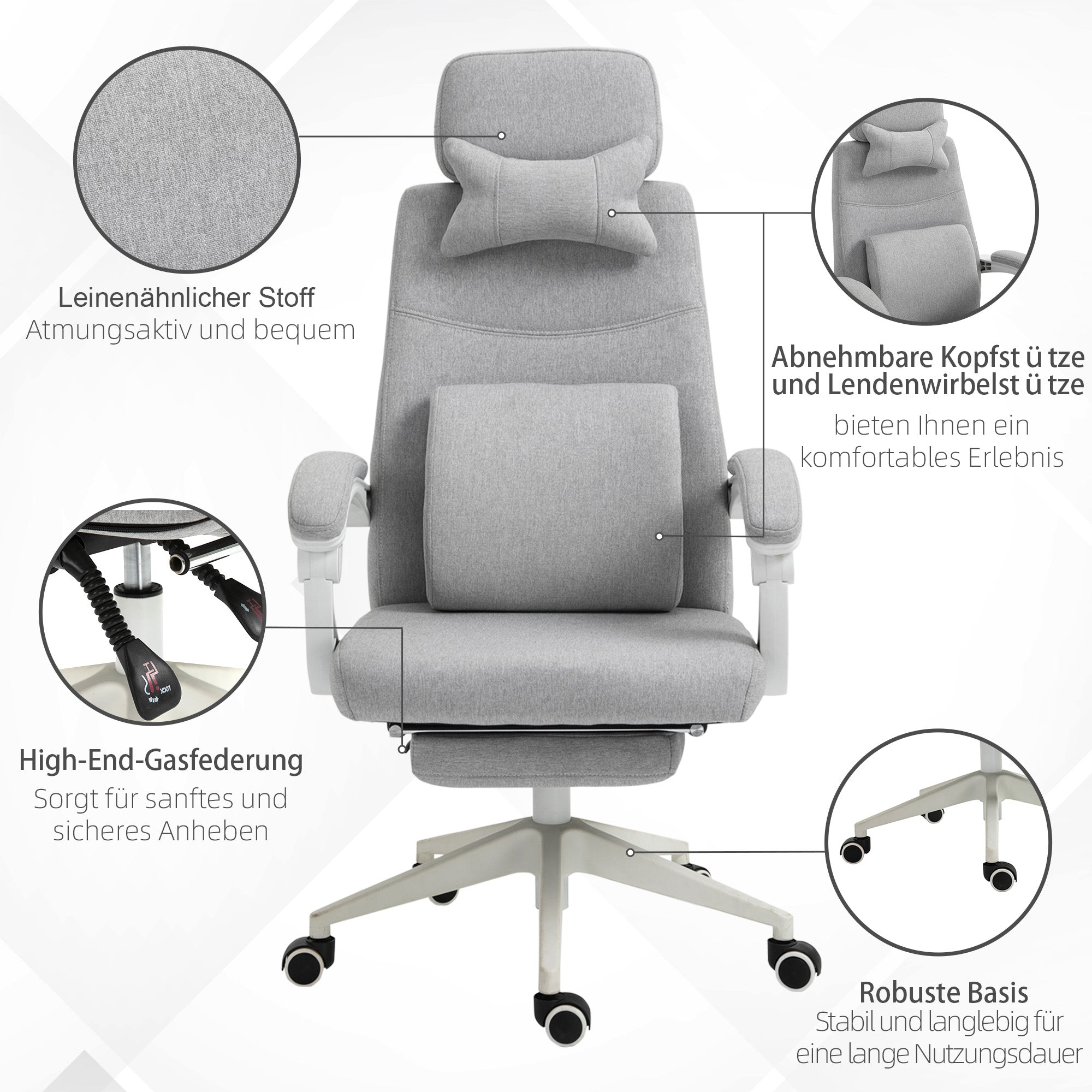Vinsetto Bürostuhl, Ergonomischer Schreibtischstuhl mit Kopfkissen, Lendenkissen, höhenverstellbar Gamingstuhl mit Fußstütze, hoher Rückenlehne, Grau 62 x 68 x 117-127 cm