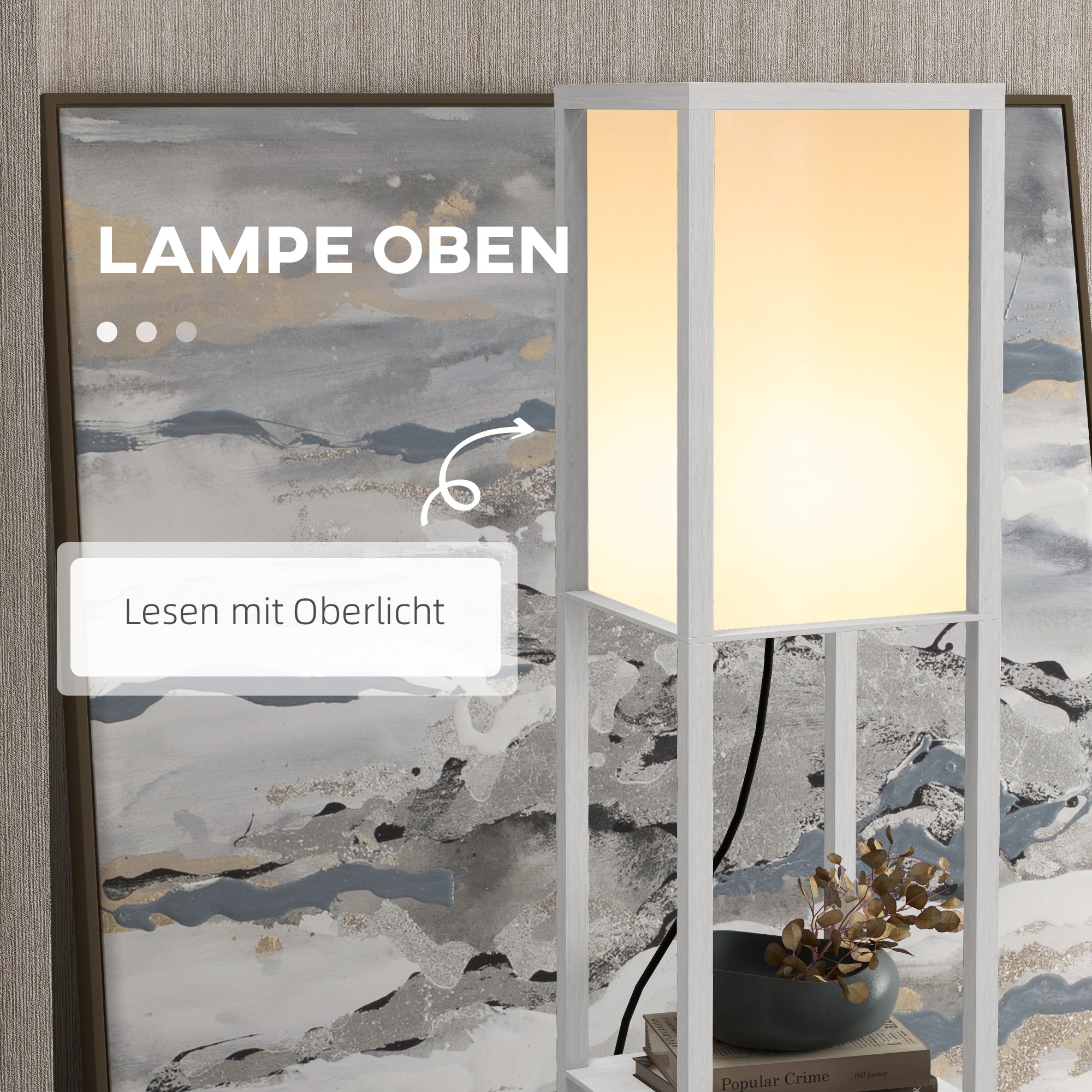 HOMCOM Stehlampe mit Regalen, Stehleuchte, Holz, 26 x 26 x 160 cm, für Wohn-/Schlafzimmer (Ohne Glühbirne)