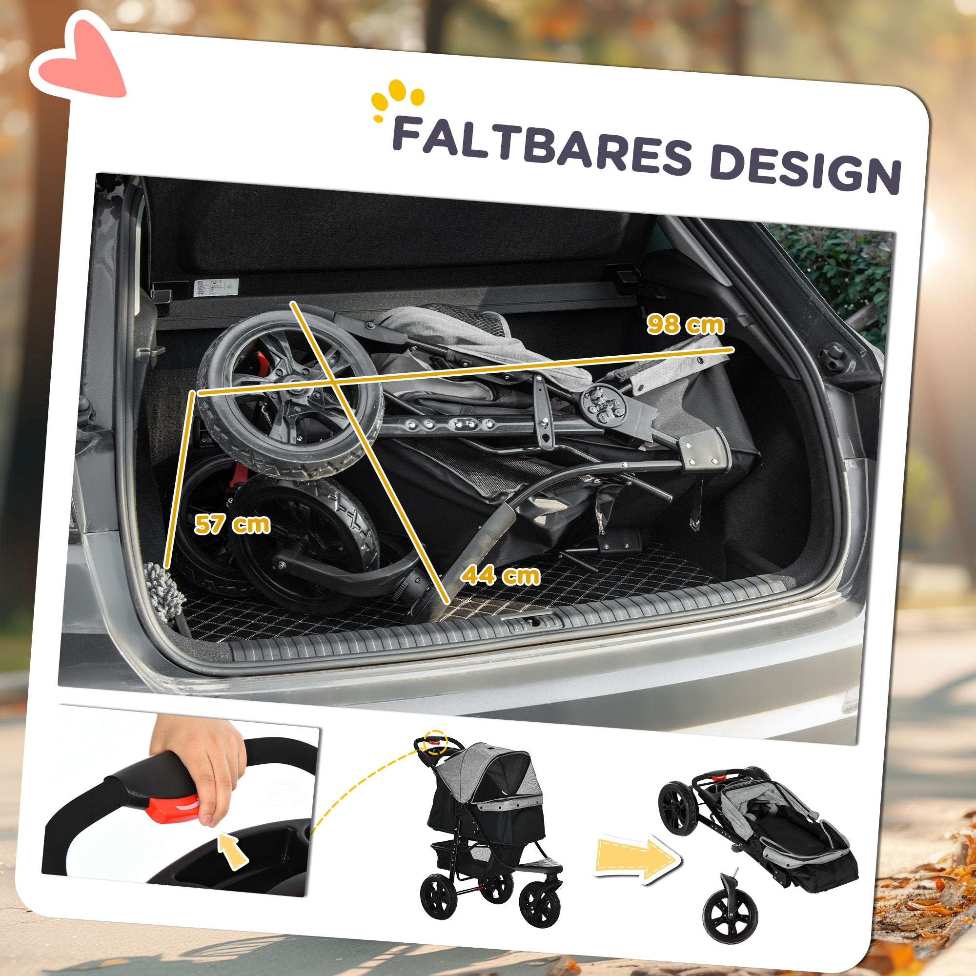 PawHut Hundewagen Hundebuggy Katzenbuggy Pet Stroller mit 3 Rädern klappbar Hunde Katze Oxford Grau+Schwarz 109,5 x 57,5 x 106,5 cm