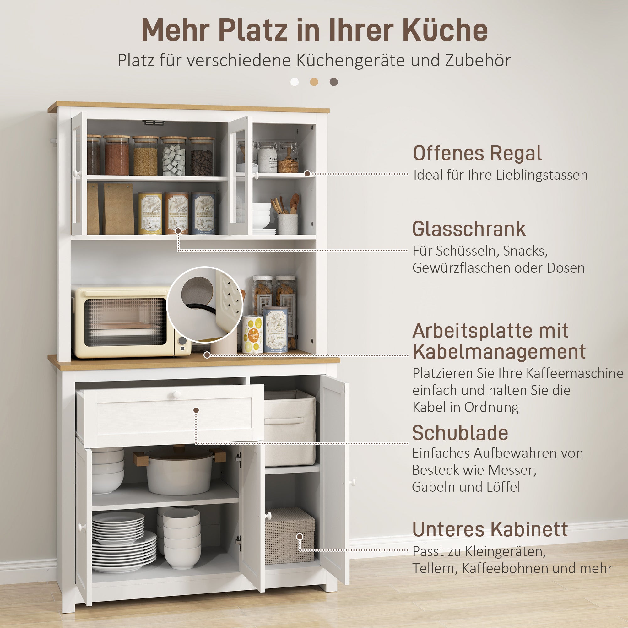 HOMCOM Küchenschrank im Landhausstil, 1 Vitrine, 1 offenes Regal, 1 Schublade, 2 Schränke, Natur + Weiß