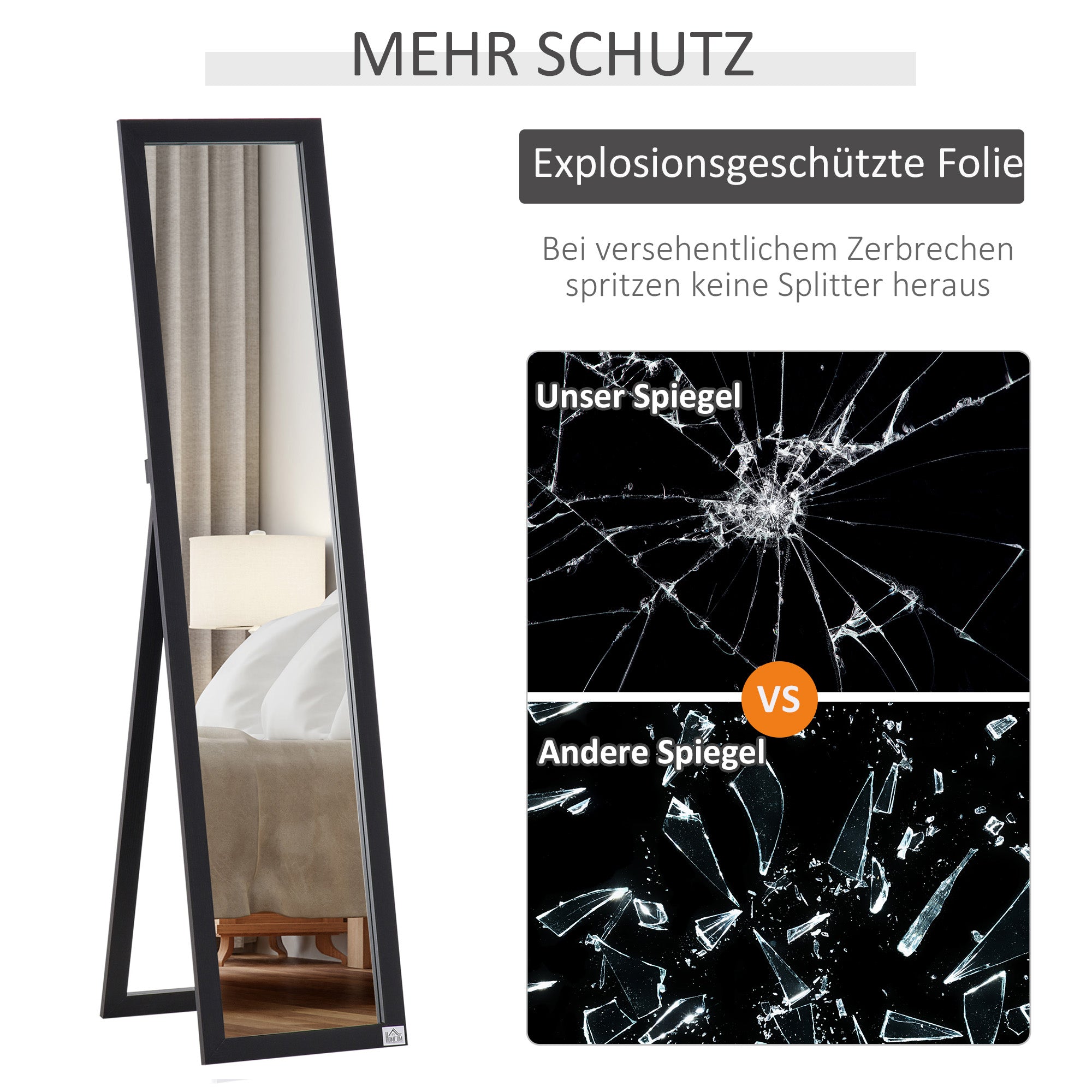 HOMCOM Ganzkörperspiegel, freistehend, Wandmontage, MDF-Rahmen, 37 x 37 x 154 cm, Schwarz