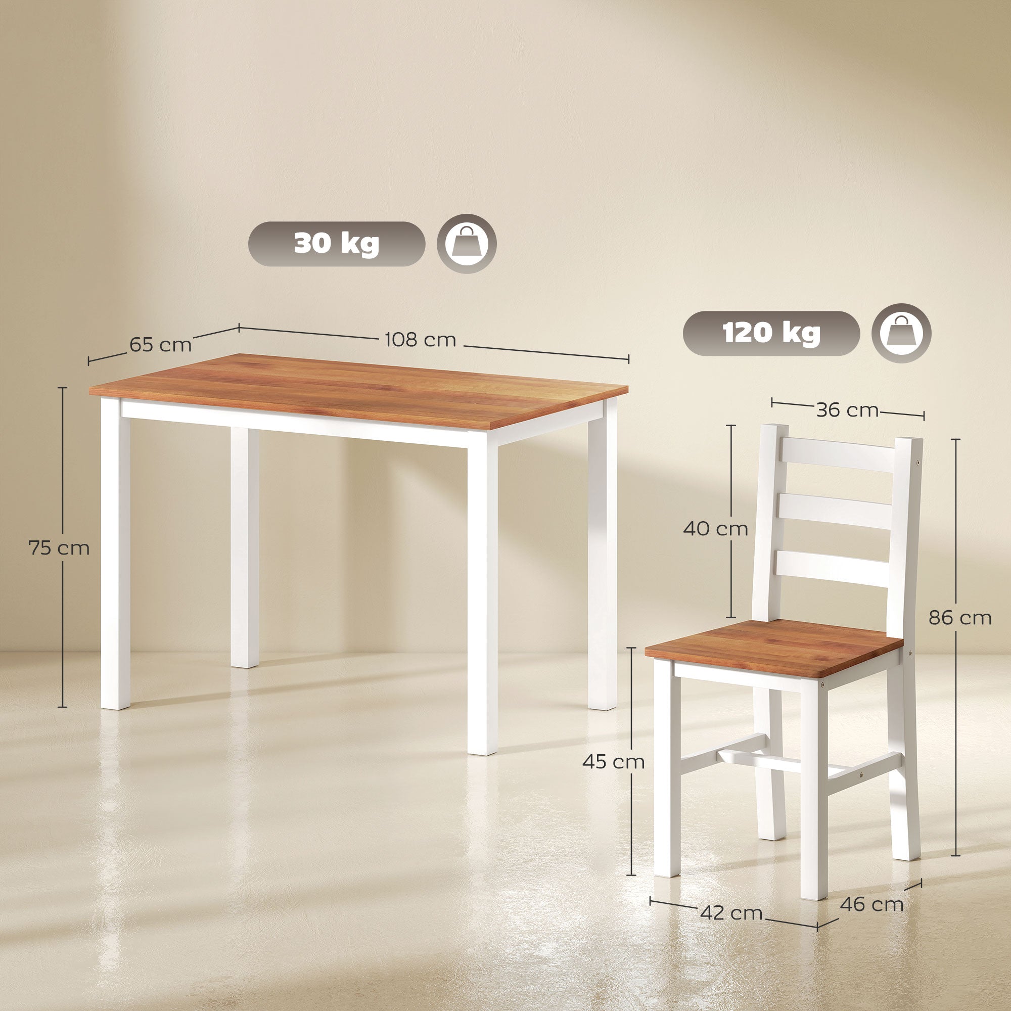 HOMCOM Essgruppenset, Esstisch, 4 Stühle, Esszimmerset, Kiefernholz, Braun+Weiß
