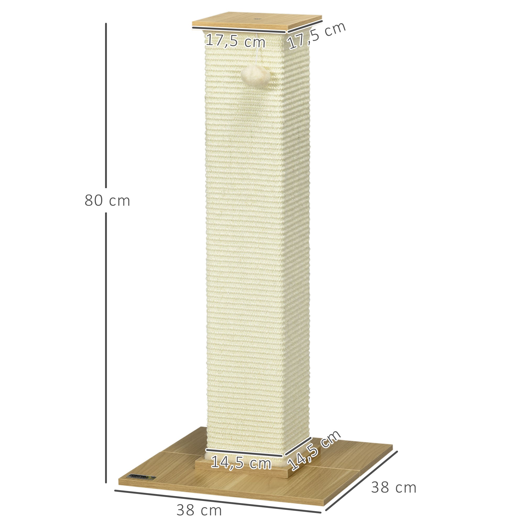PawHut Kratzbaum inkl. Spielzeug, 38 cm x 38 cm x 80 cm, Beige + Natur