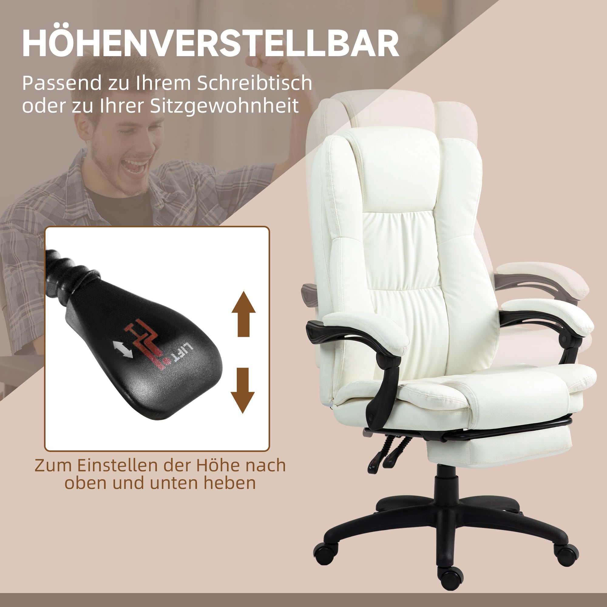 Vinsetto Verstellbarer Drehstuhl mit Fußstütze, Kopfstütze, Massagefunktion, Kunstleder, 68,5x68,5x113-121cm, Cremeweiß