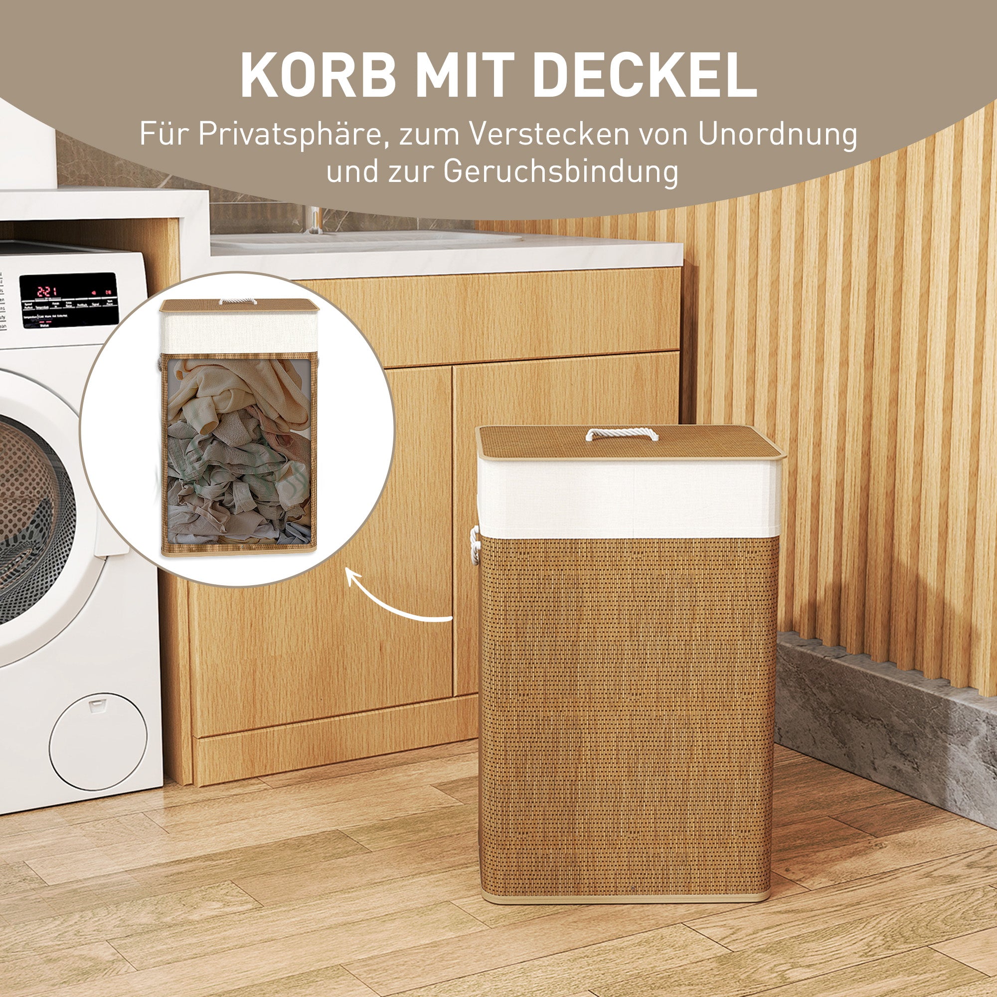 HOMCOM Bambus Wäschekorb mit Deckel 72 L Wäschesammler mit Bambusgriffen, herausnehmbarer Wäschesack Braun