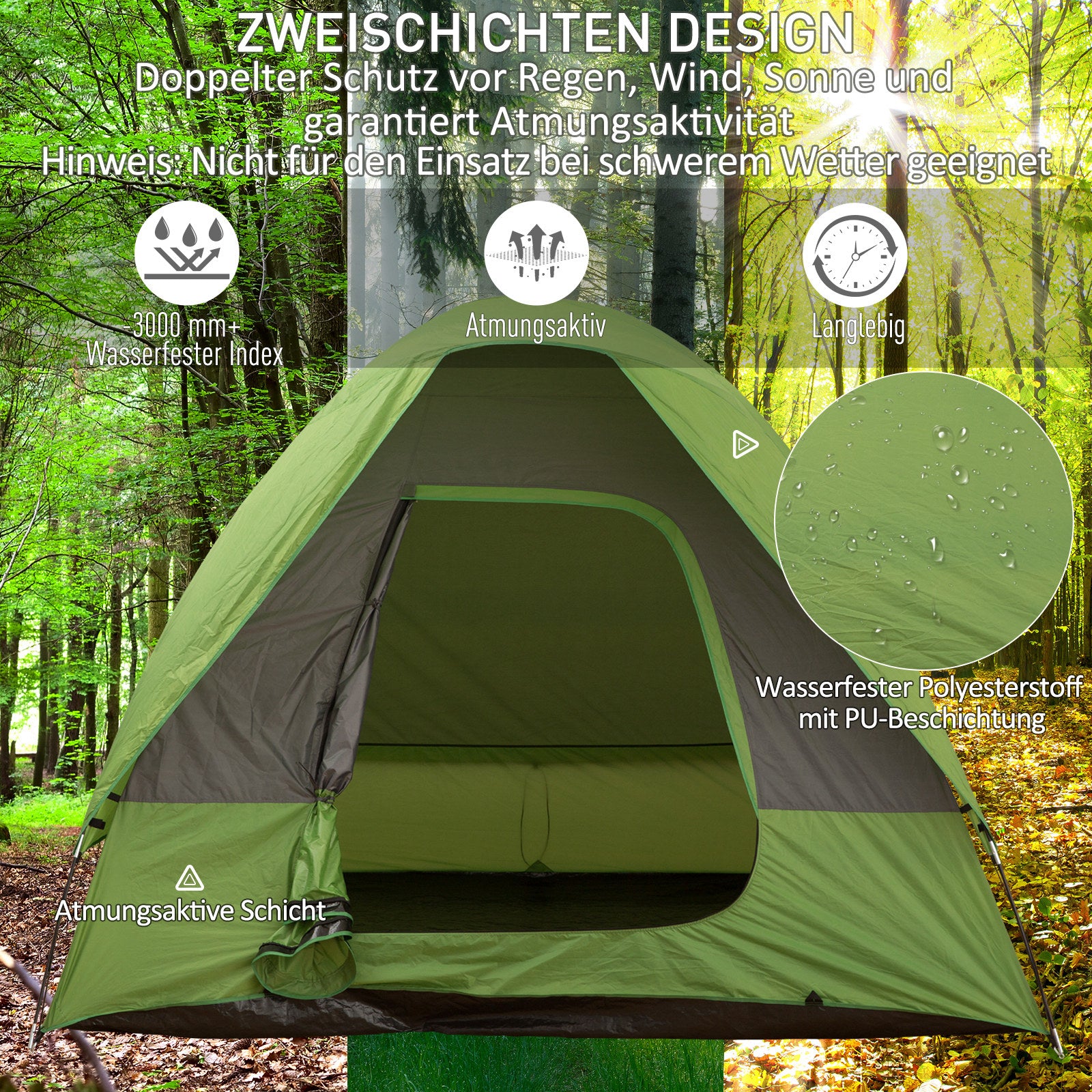 Outsunny Autozelt, Campingzelt, Reisezelt, für 4-5 Personen, Glasfaser Polyester, Grün, 300 x 300 x 230 cm