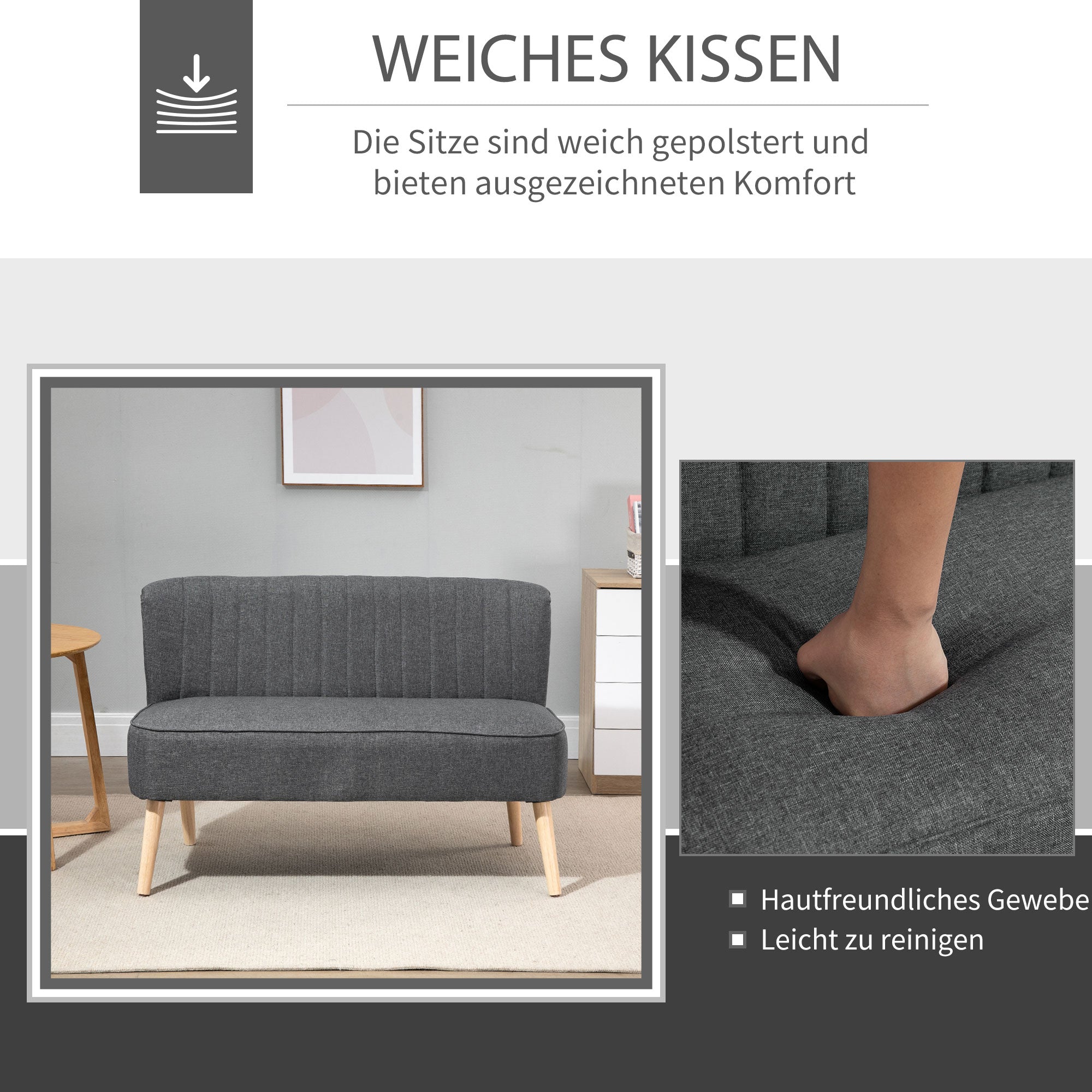HOMCOM 2-Sitzer Sofa, weiche Polsterung, pflegeleichter Bezug, bis 150 kg, 117 x 56,5 x 77 cm, Dunkelgrau