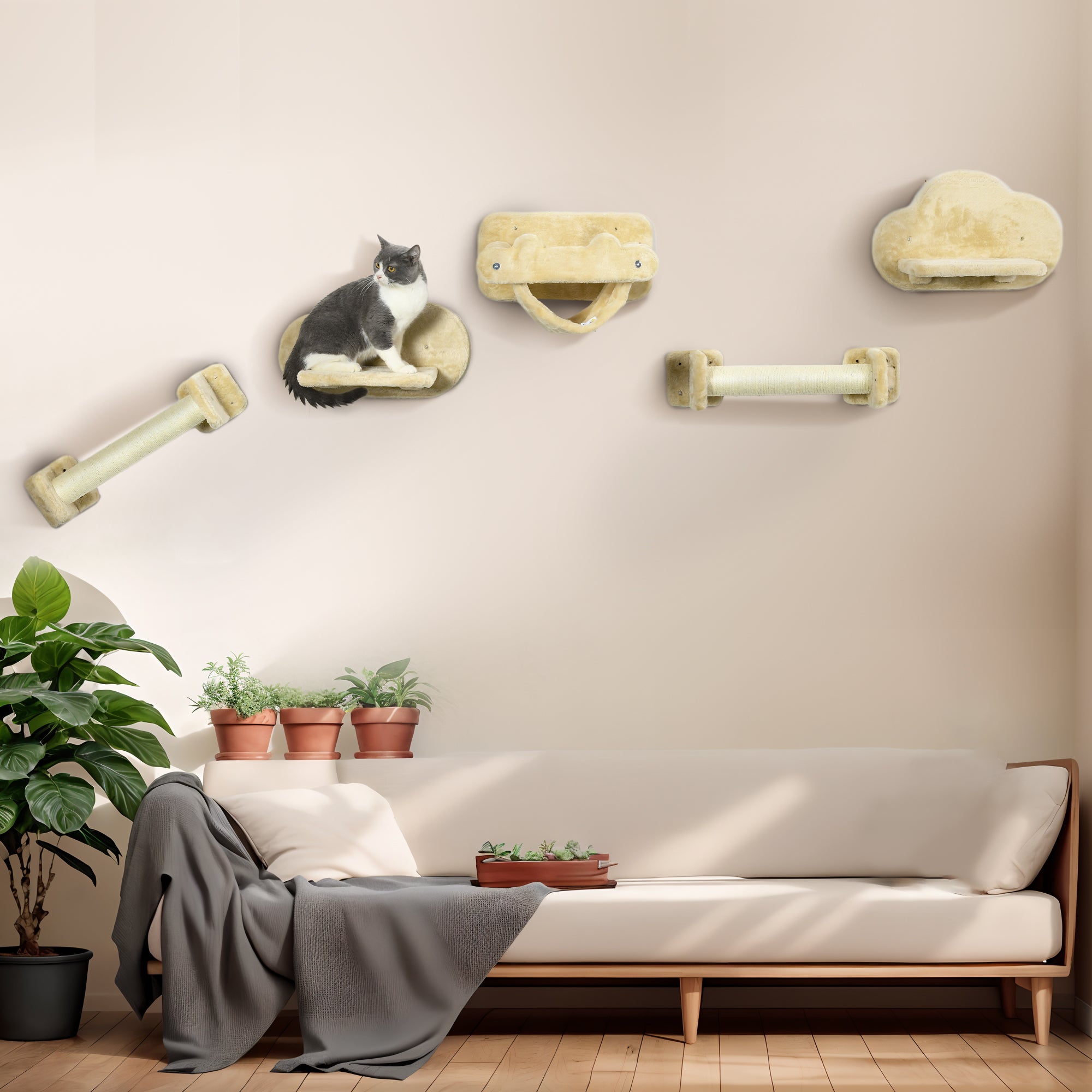 PawHut Katzentreppe, 5-teiliges Set, 2 Kratzstämme, 2 Plattformen mit Plüschbezug, Hängematte, beige