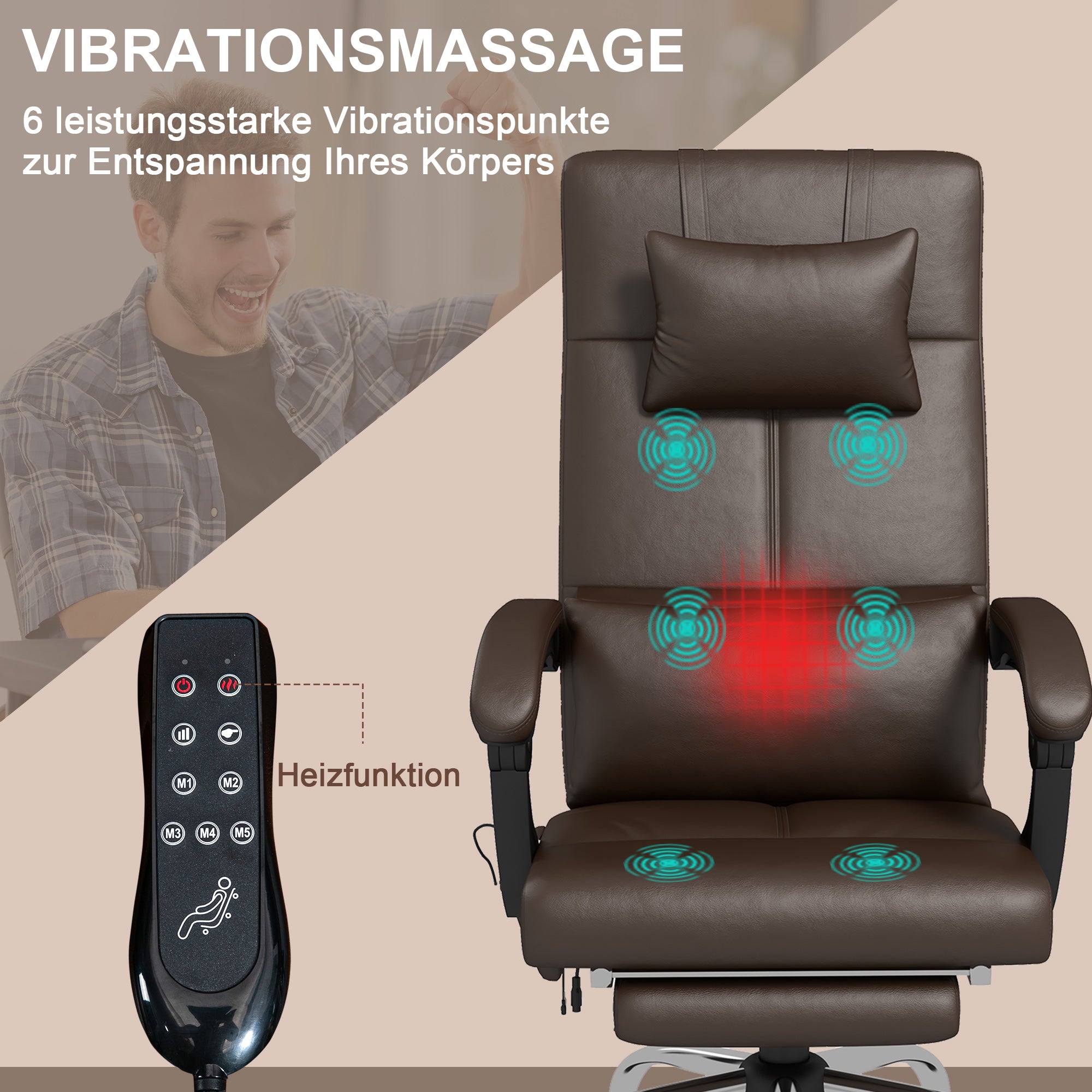 Vinsetto Bürostuhl mit Massagefunktion, Ergonomischer Schreibtischstuhl mit Liegefunktion, Kopfkissen, höhenverstellbar, Braun
