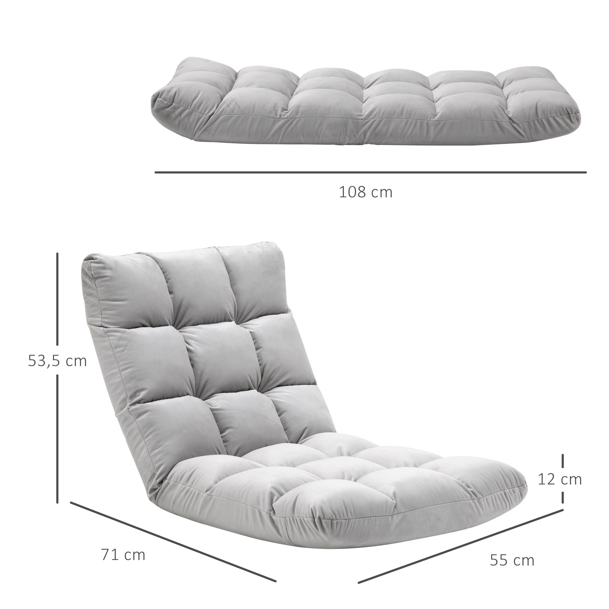 HOMCOM Bodenstuhl 3-in-1 Klappbar Bodensessel mit Rückenlehne 13 Positionen Verstellbare Klappliege Sitzkissen Grau Metall Schaumstoff 55 x 71 x 53,5 cm