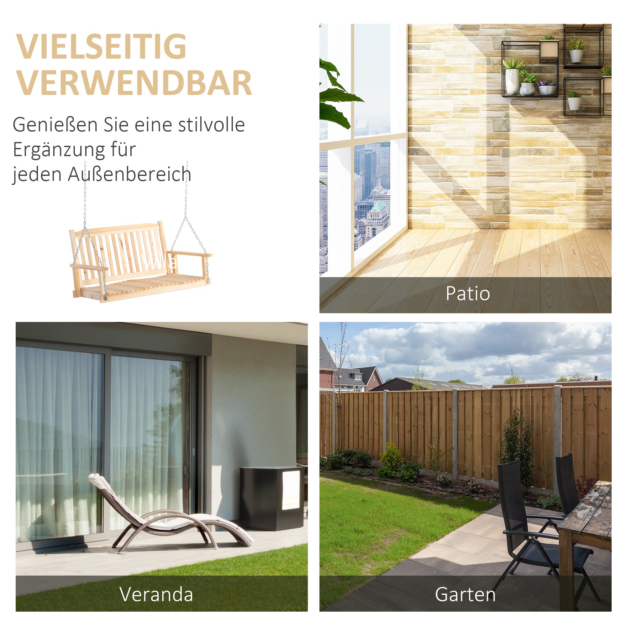 Outsunny Gartenschaukel für 2 Personen Schaukelbank Hängebank Massivholz Patio Terrasse Hinterhof Natur 117 x 69 x 60 cm