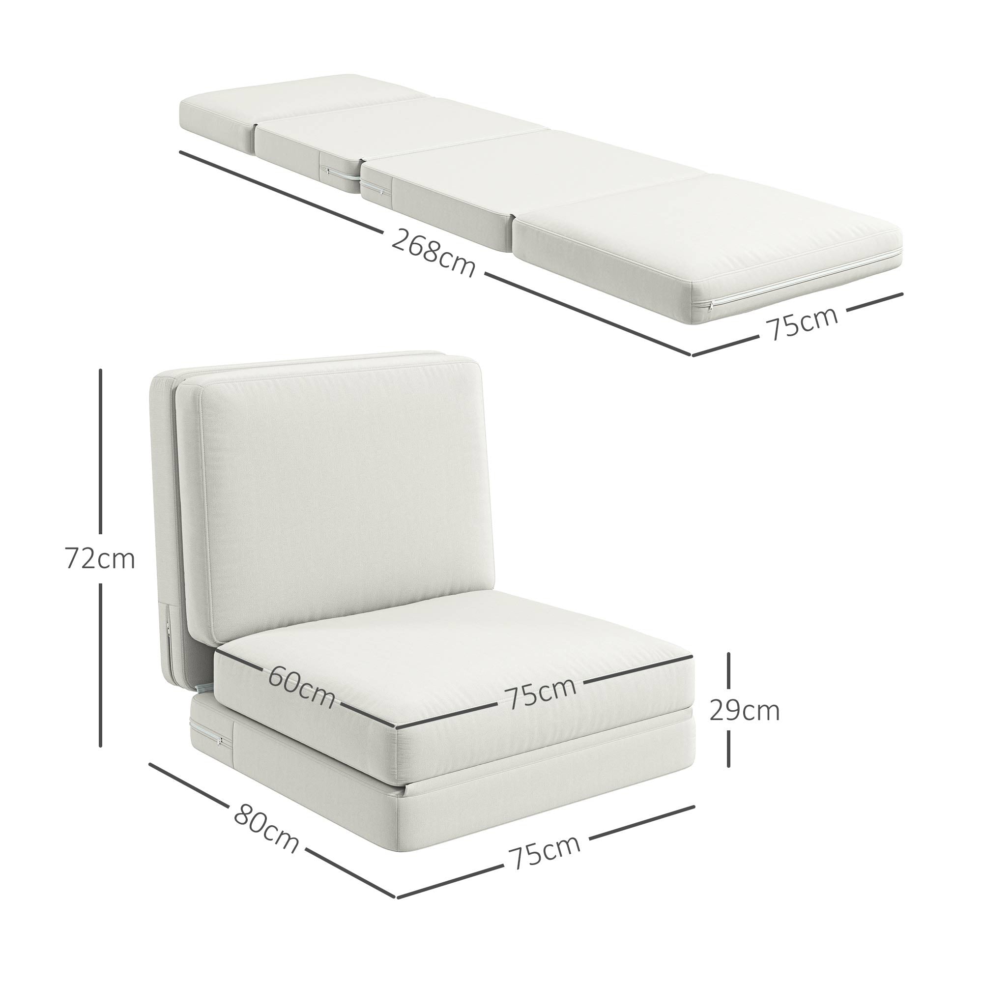 HOMCOM Faltbarer Bodensessel mit Kissen, wandelbares Polstersofa, Wohnzimmer, Gästezimmer, Büro, 75 x 268 x 18 cm, Cremeweiß