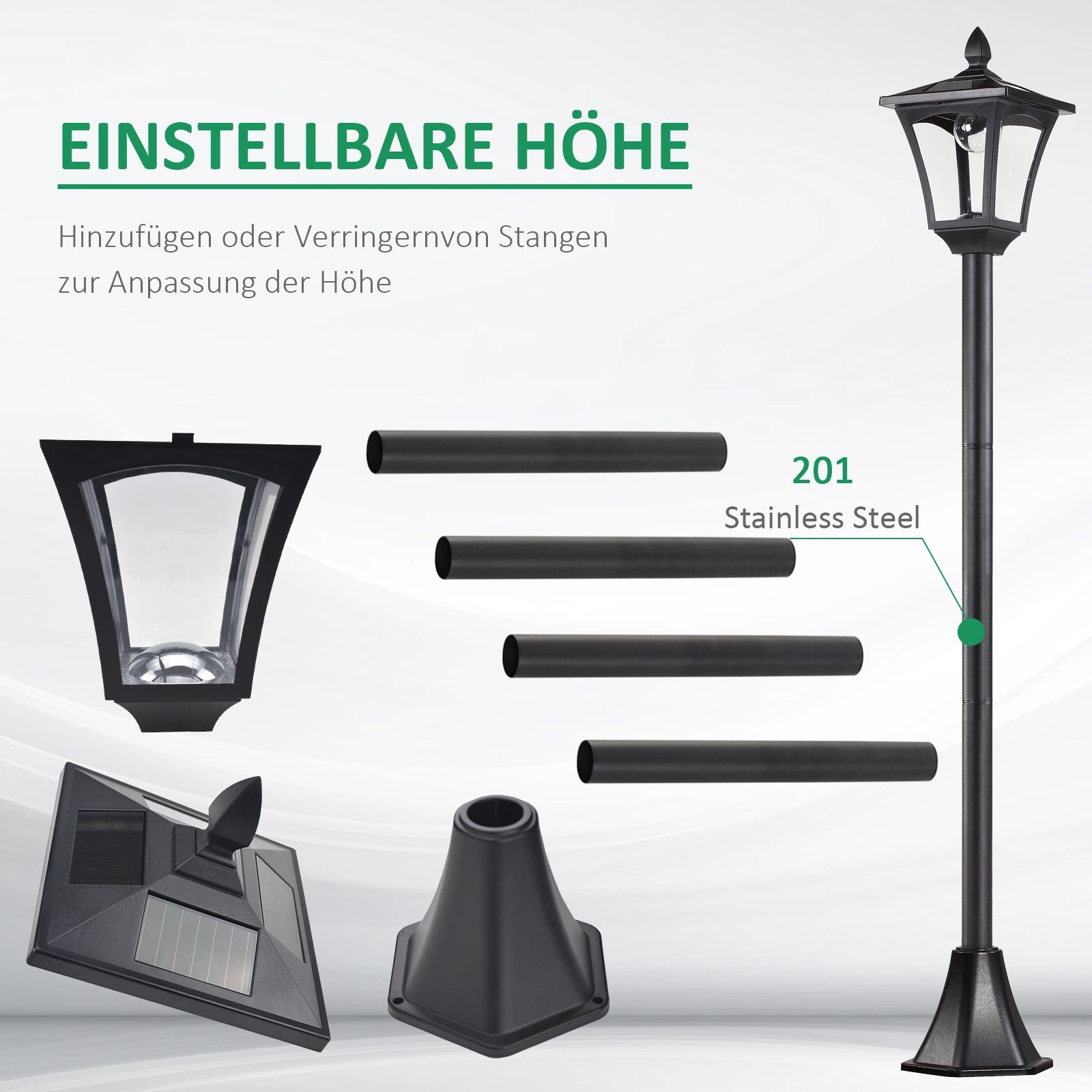 Outsunny LED Solar Gartenlaterne, Stehleuchte aus Edelstahl Gartenlampe 160 cm hoch Windlicht Außenleuchte IP44, Solarlampe mit Lichtsensor 30 Lumen Erdspieß, Gartenlampe für Garten Balkon Schwarz