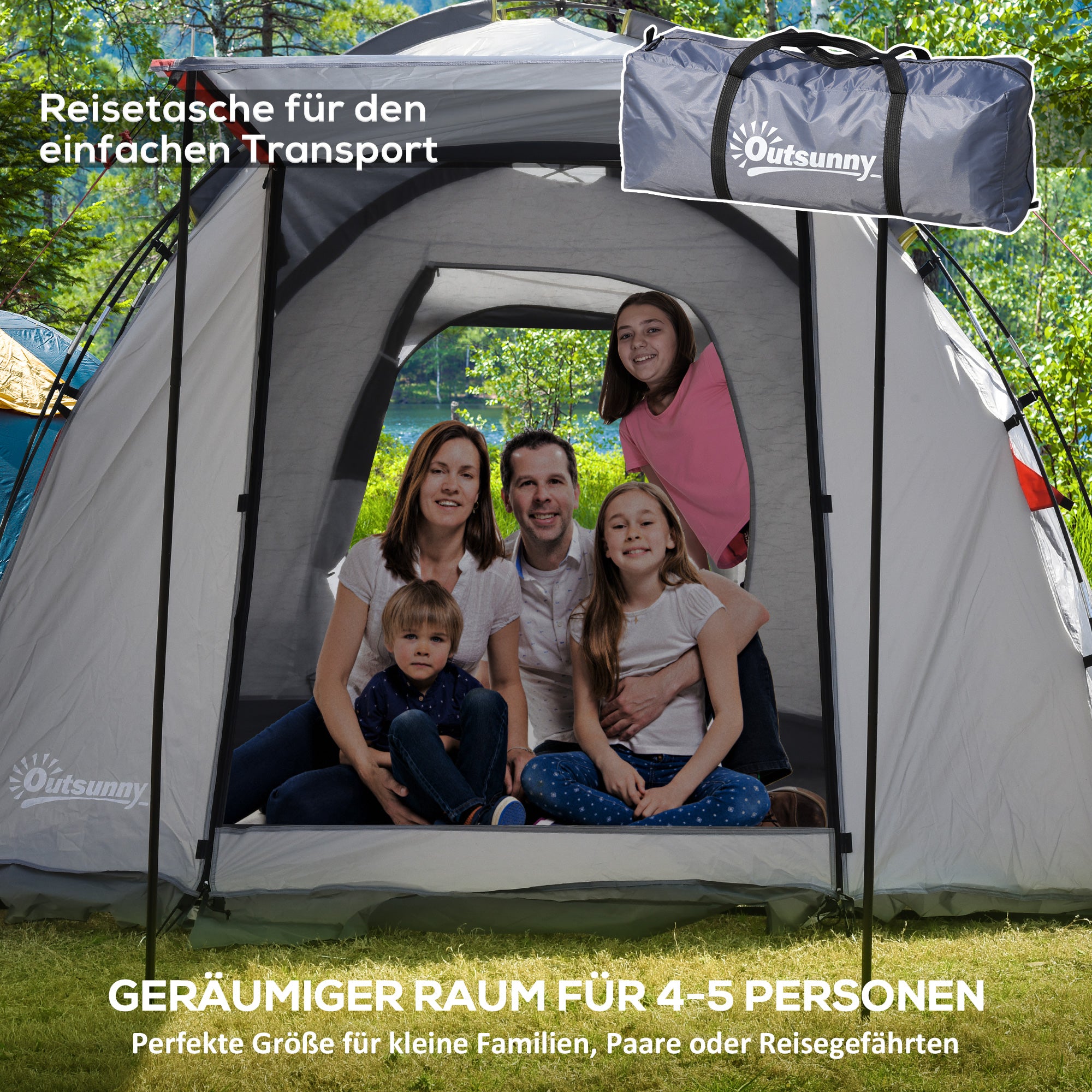 Outsunny Campingzelt für 4-5 Personen, zwei Innenräume, herausnehmbare Bodenmatte, grau, 4,90 x 2,50 x 1,85 m