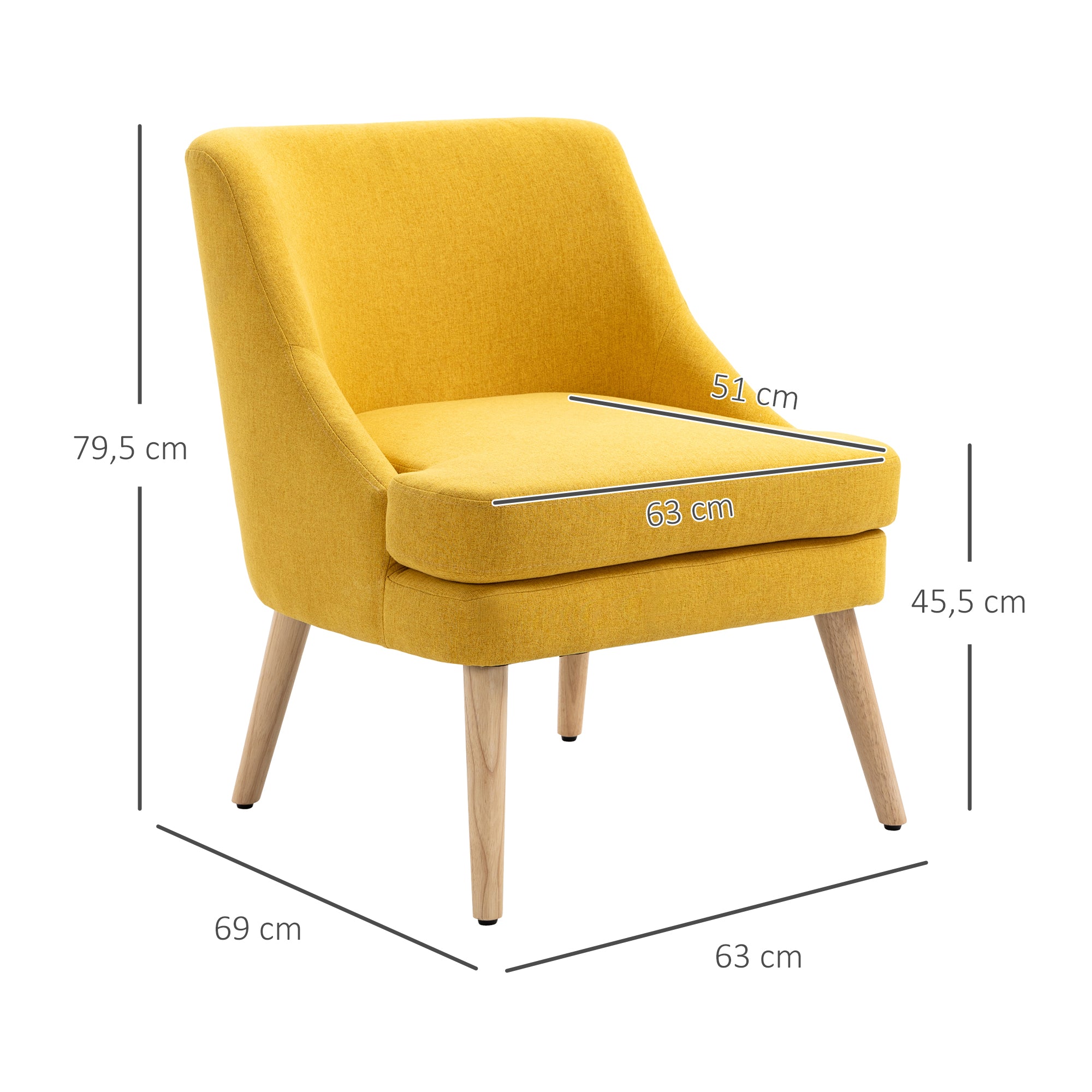 HOMCOM Sessel Loungesessel mit Leinenoptik, Armlehne, Gepolstert Relaxsessel mit Holzbeine, für Wohnzimmer, Schlafzimmer, Gelb