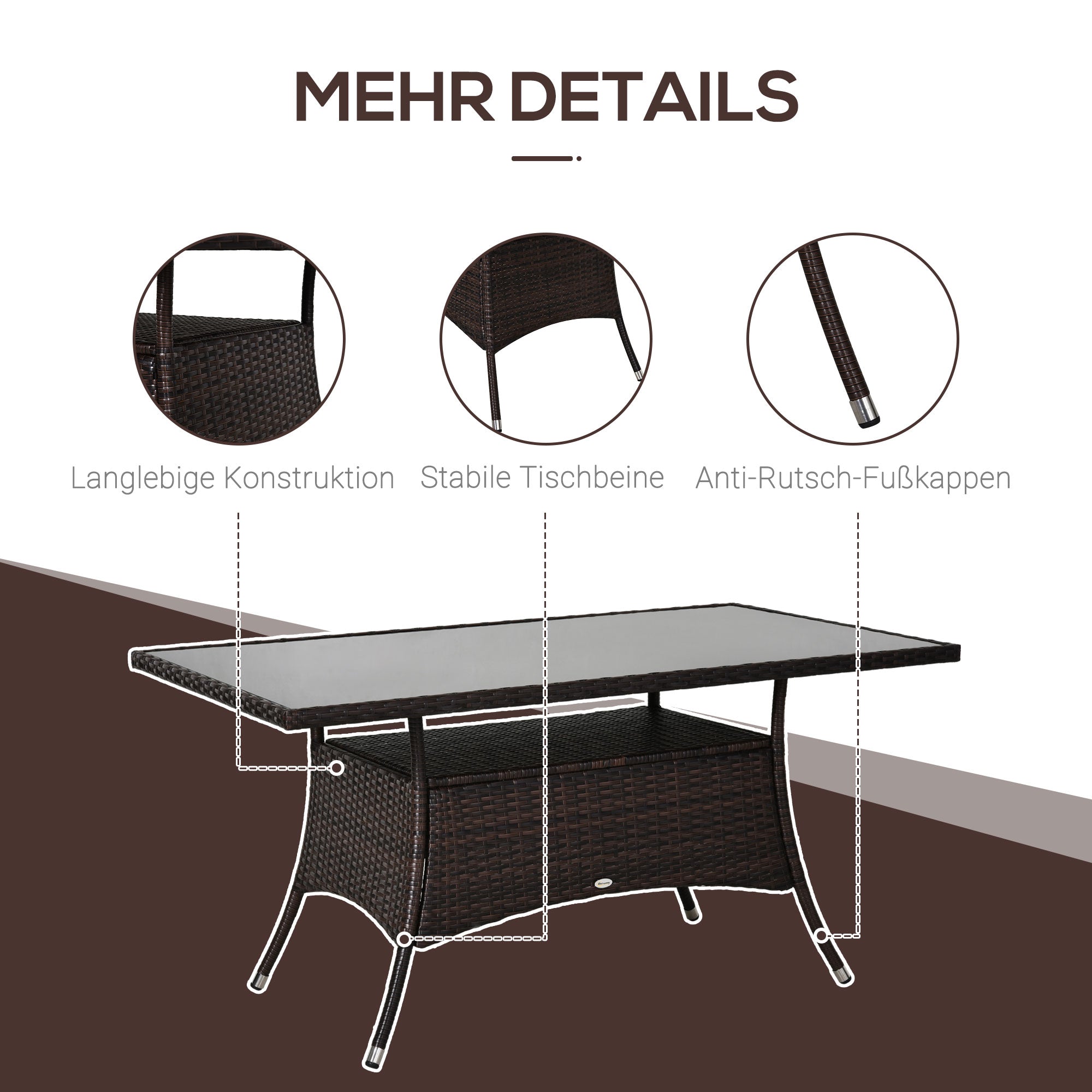 Outsunny Gartentisch Glastisch Esstisch Gartenmöbel Tisch, Polyrattan+Sicherheitsglas, Braun+Schwarz, 150x85x74cm