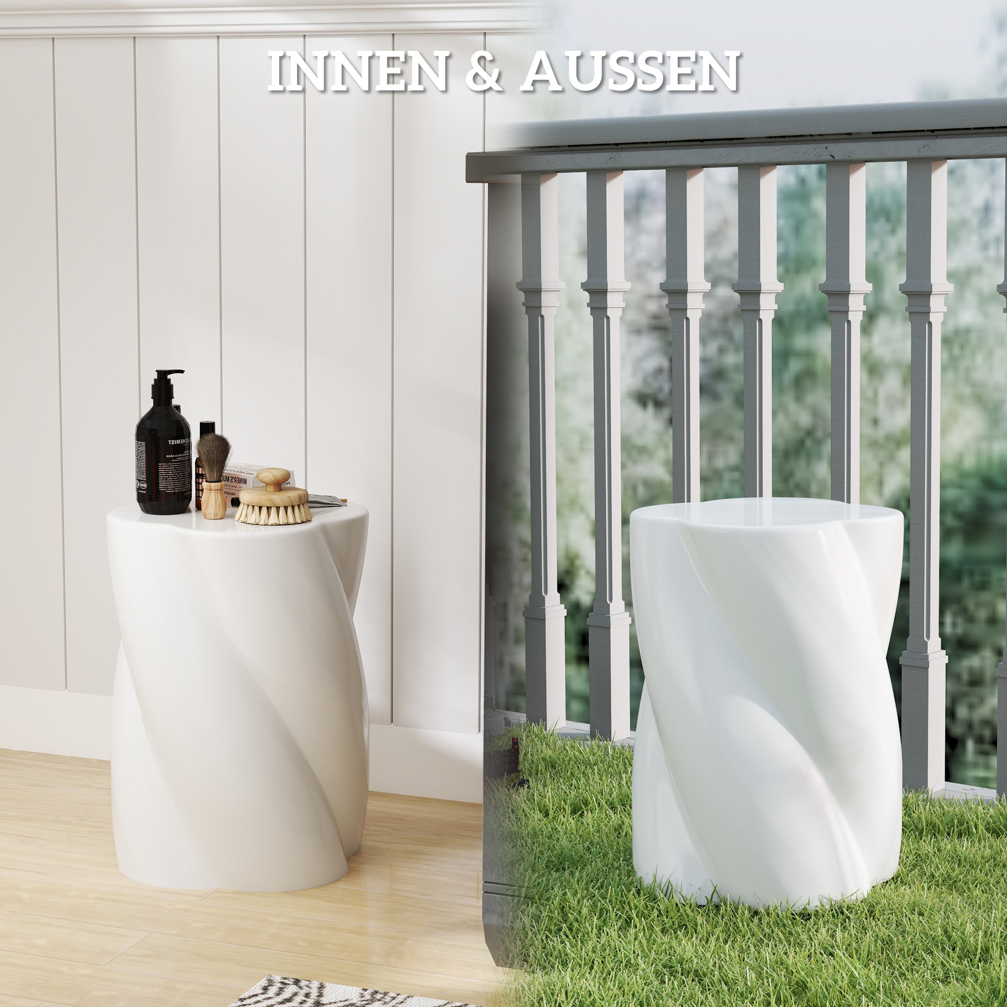 Outsunny Sitzhocker aus Keramik in Spiralform 120kg belastbar Ø33 x 45 cm Wetterfest Garten Hocker mit Deckel Weiß