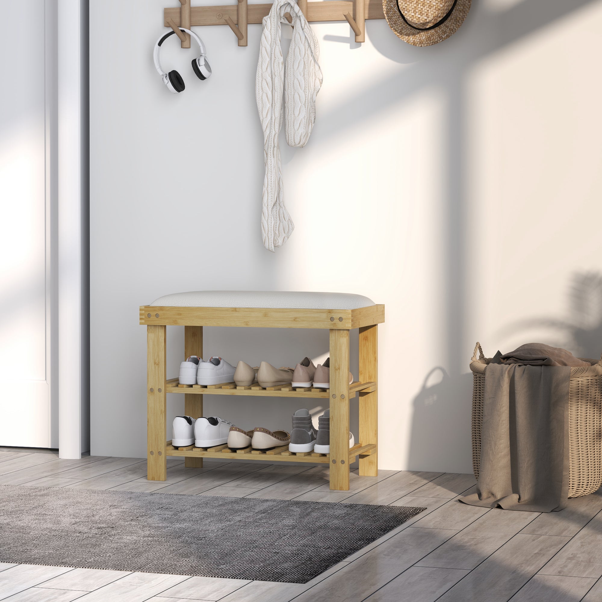 HOMCOM Schuhbank mit Sitzfläche, Bambus Sitzbank mit Stauraum, 2 offene Fächer, Sitzbank 60 x 29 x 49 cm Cremeweiß