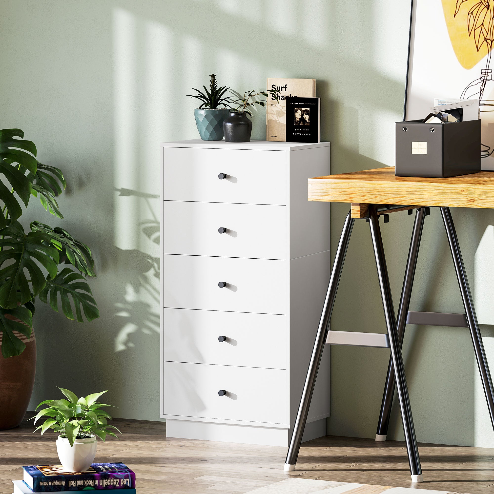 HOMCOM Kommode Sideboard mit 5 Schubladen Schrank aus Holzwerkstoff im Modern Stil 47 x 29 x 95 cm Weiß