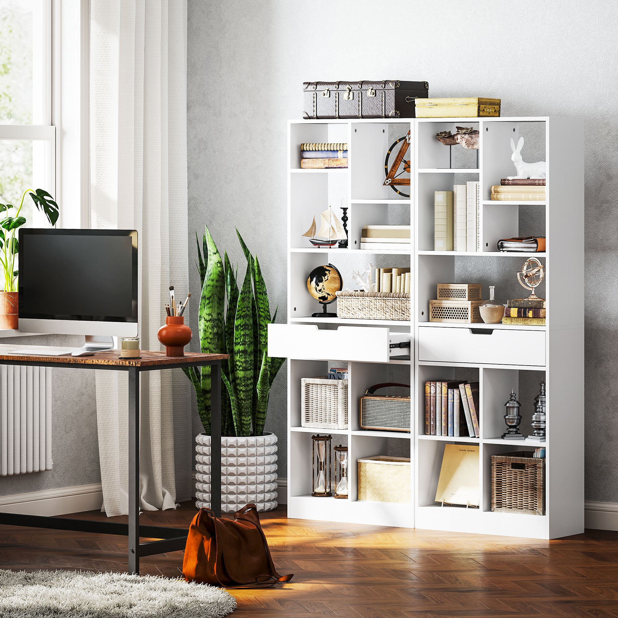 HOMCOM Bücherregal, Mehrzweckregal, 9 Fächer, Schublade, Kippschutz, 60 x 26 x 158 cm, Weiß