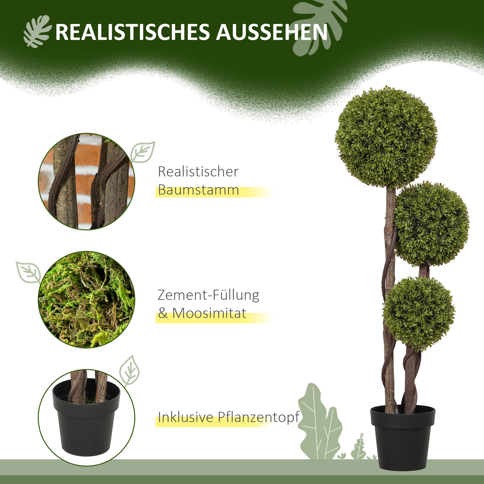 HOMCOM Künstlicher Buchsbaum, Kunstpflanze, realistisches Aussehen, Outdoor, Grün + Schwarz