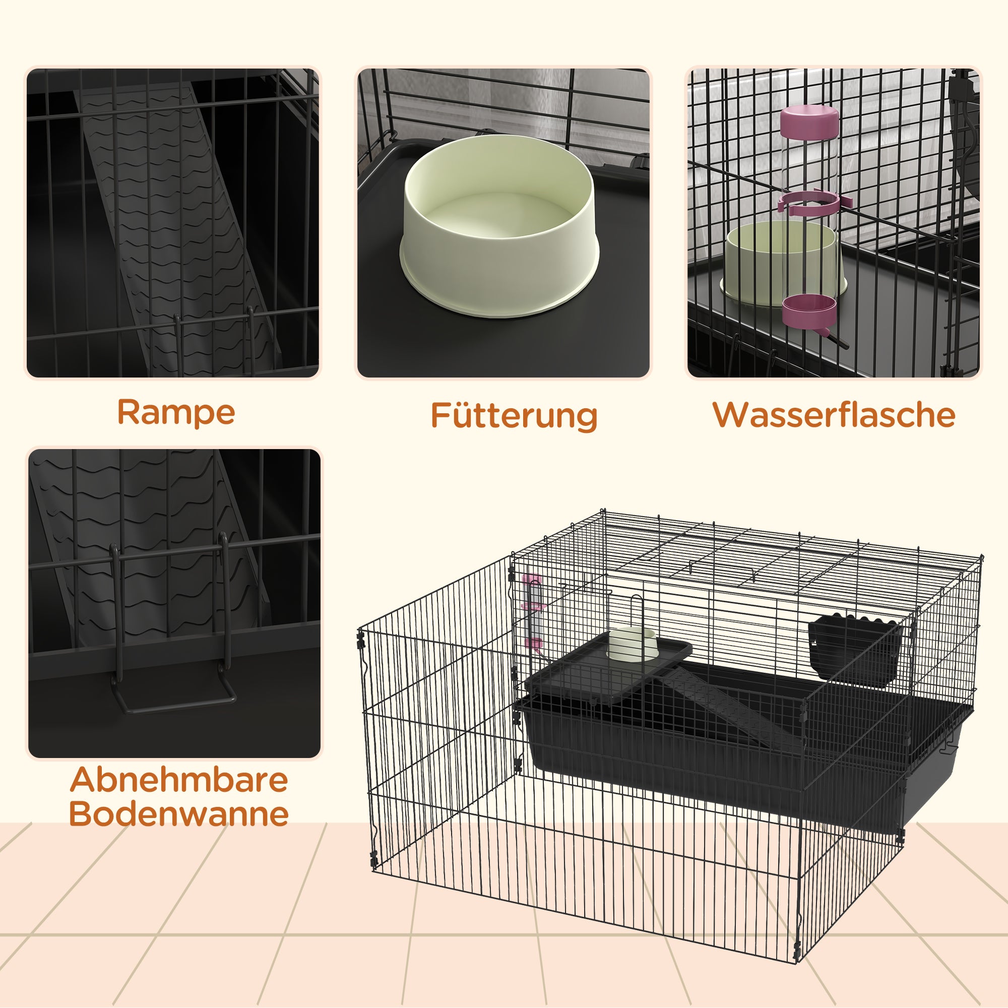 PawHut Kleintierkäfig mit abnehmbaren Gehege, Laufgitter mit Stall, inkl. Zubehör, Schwarz