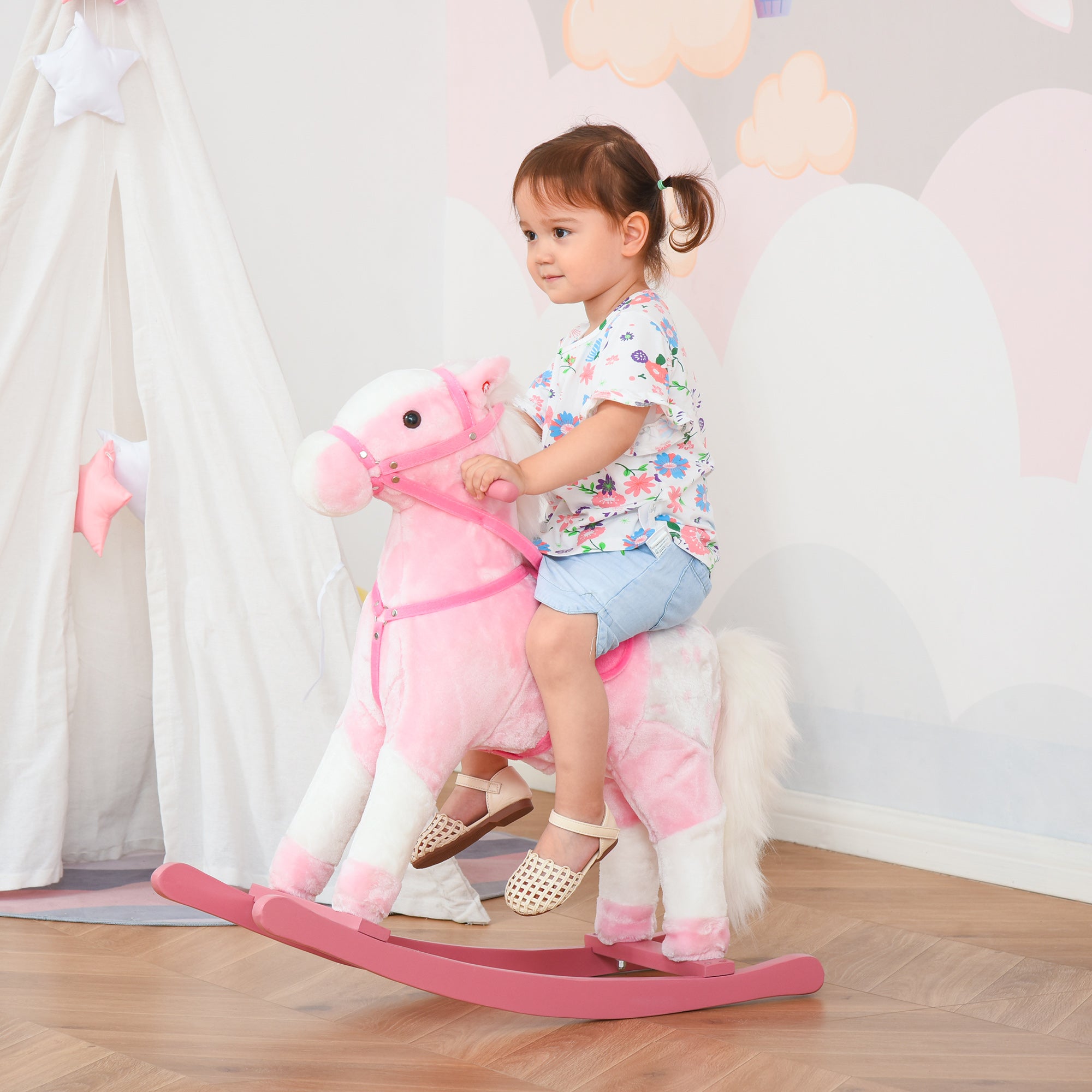 HOMCOM Kinder Schaukelpferd Schaukeltier Schaukelspielzeug Wiehern Rosa 74x28x65cm