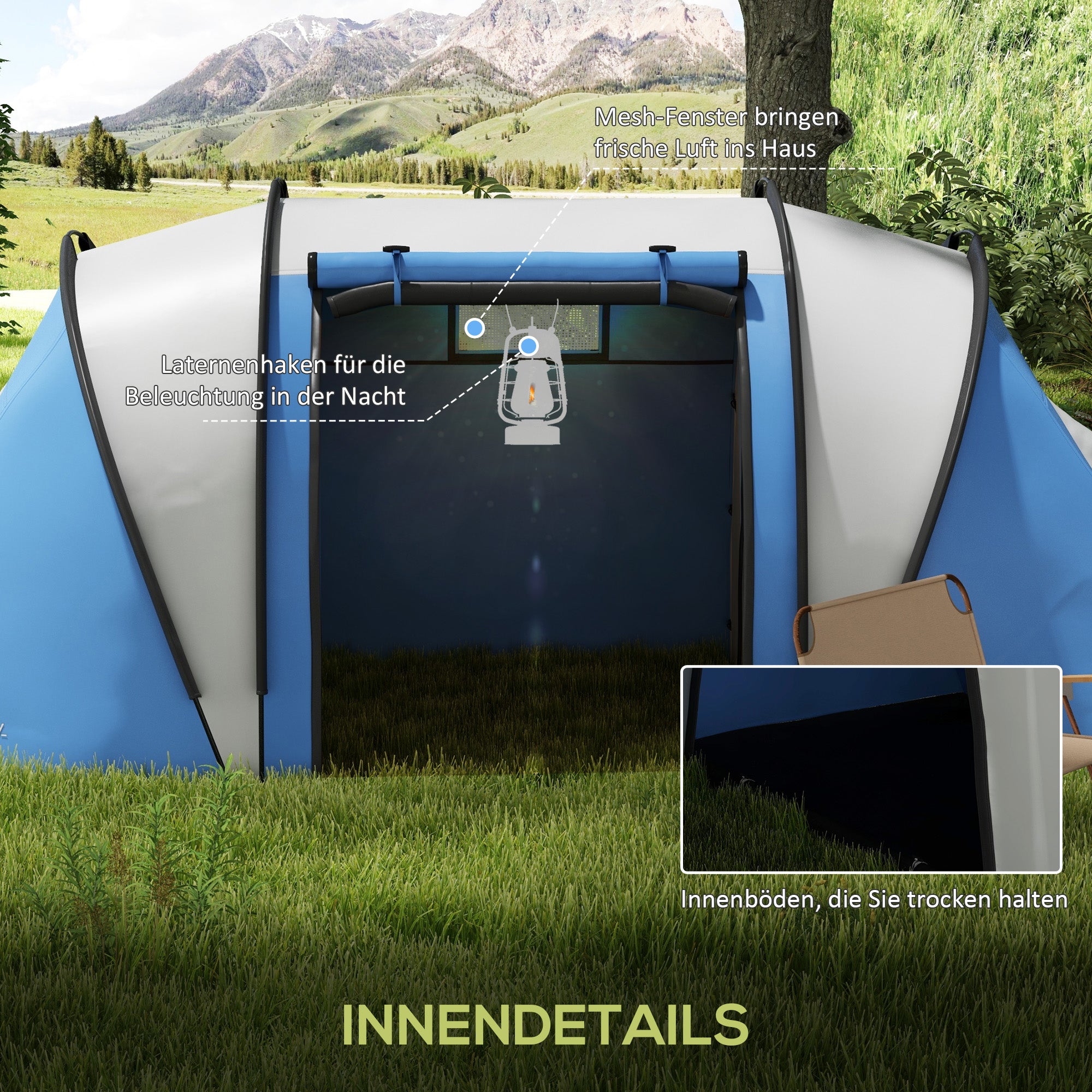 Outsunny Campingzelt für 4-5 Personen leicht wasserabweisend Familienzelt mit 3 Zimmer Seitentür Fenster Blau