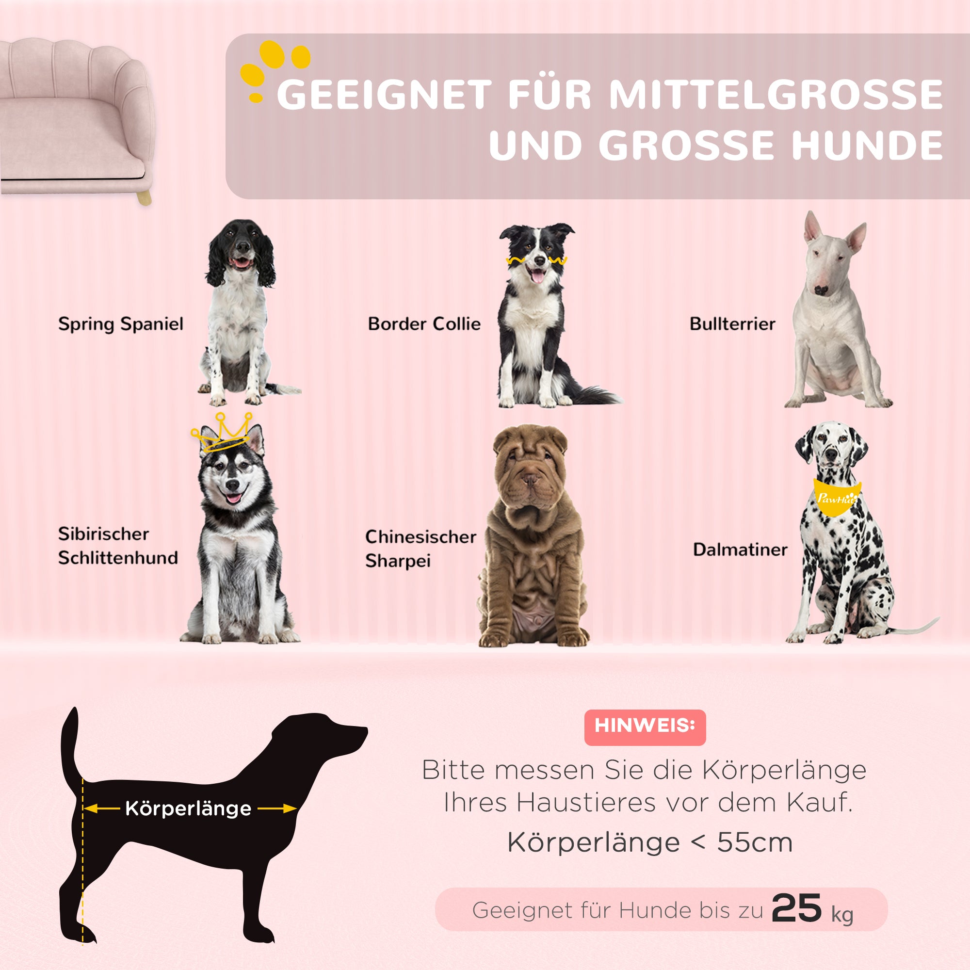 PawHut Haustiersofa für mittelgroße und große Hunde bis 25 kg, robustes Holz, gepolstert, Rosa