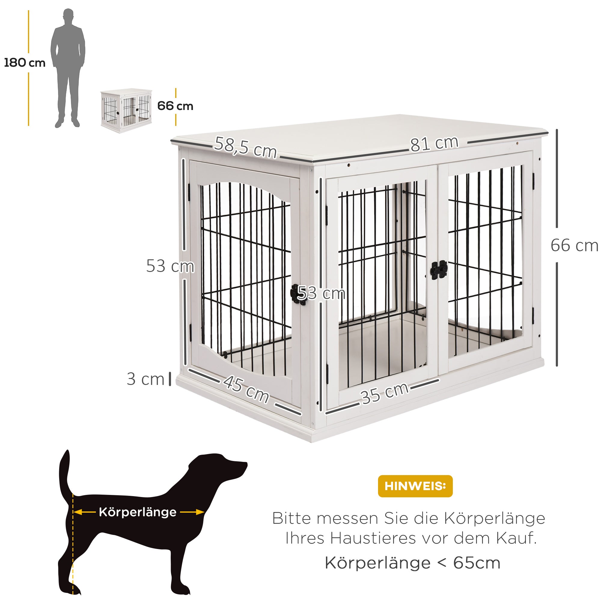 PawHut Transportbox für Hunde 58,5 cm x 81 cm x 66 cm Türen, MDF-Holz Eisen, 58, 5 cm x 81 cm x 66 cm, Weiß