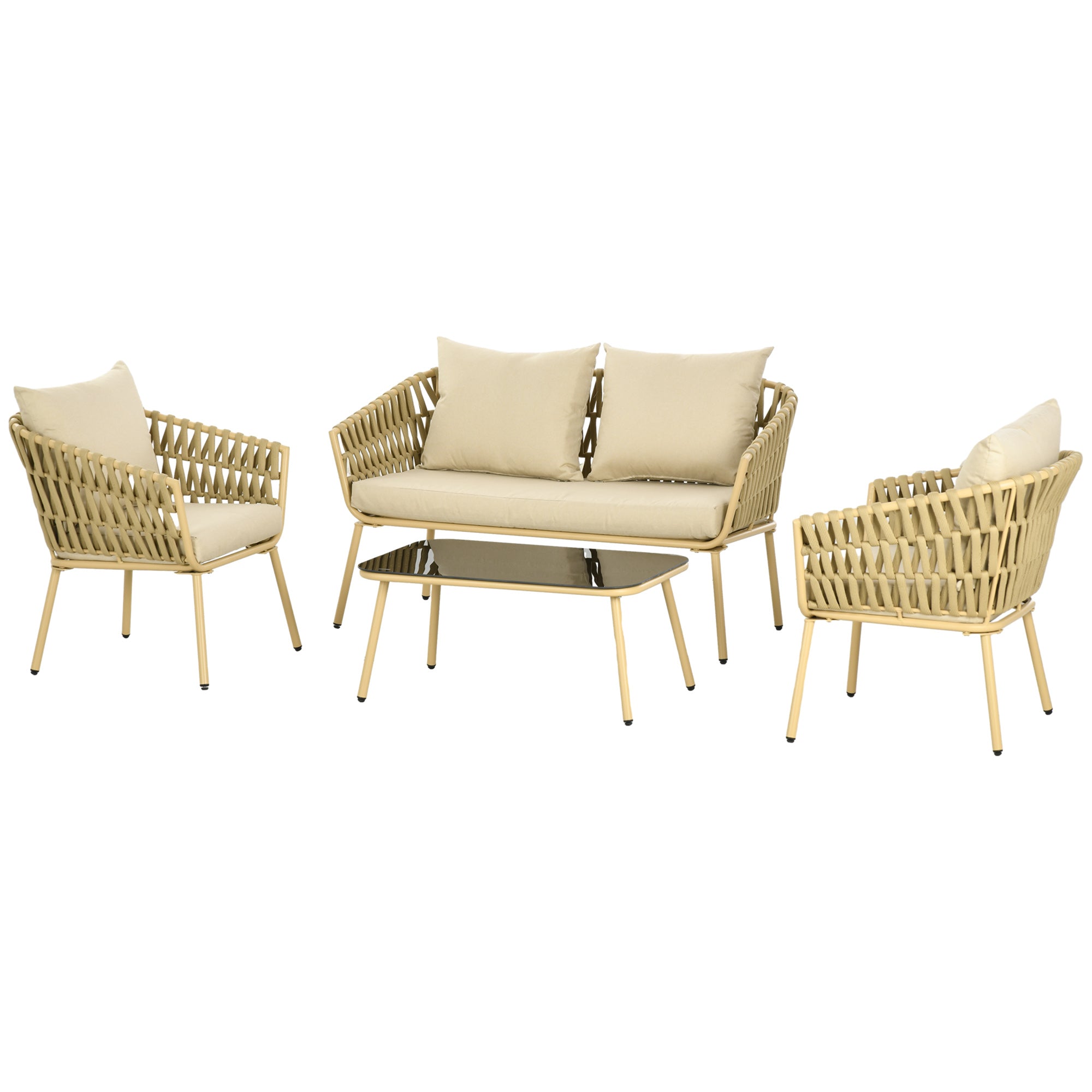 Outsunny Gartenmöbel-Set, 4-teilig, Tisch mit Glasplatte, inkl. Sitzkissen, wetterfest, Khaki