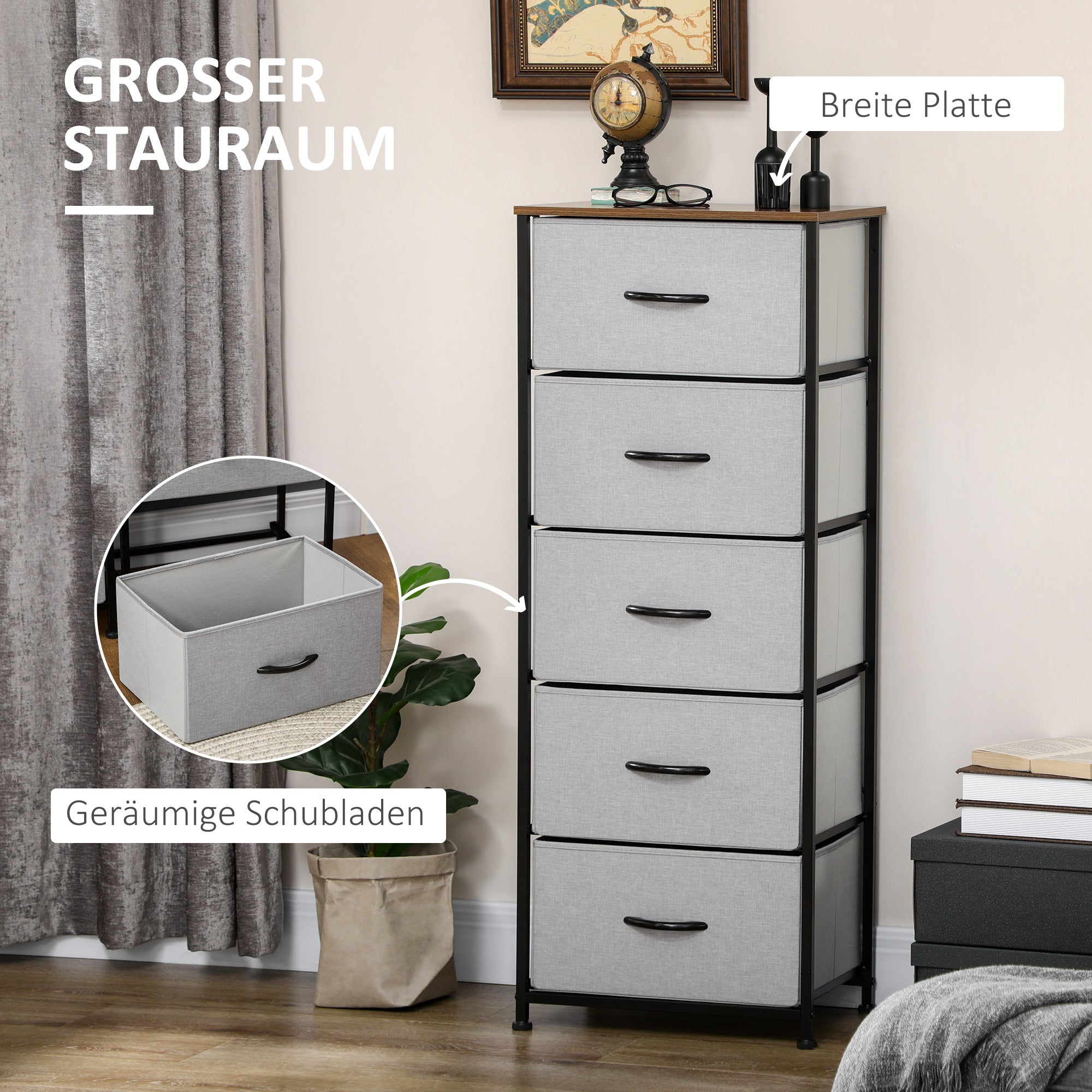 HOMCOM Kommode mit 5 Schubladen aus Stoff Aufbewahrungsschrank mit Griffen 45 x 30 x 116 cm Grau