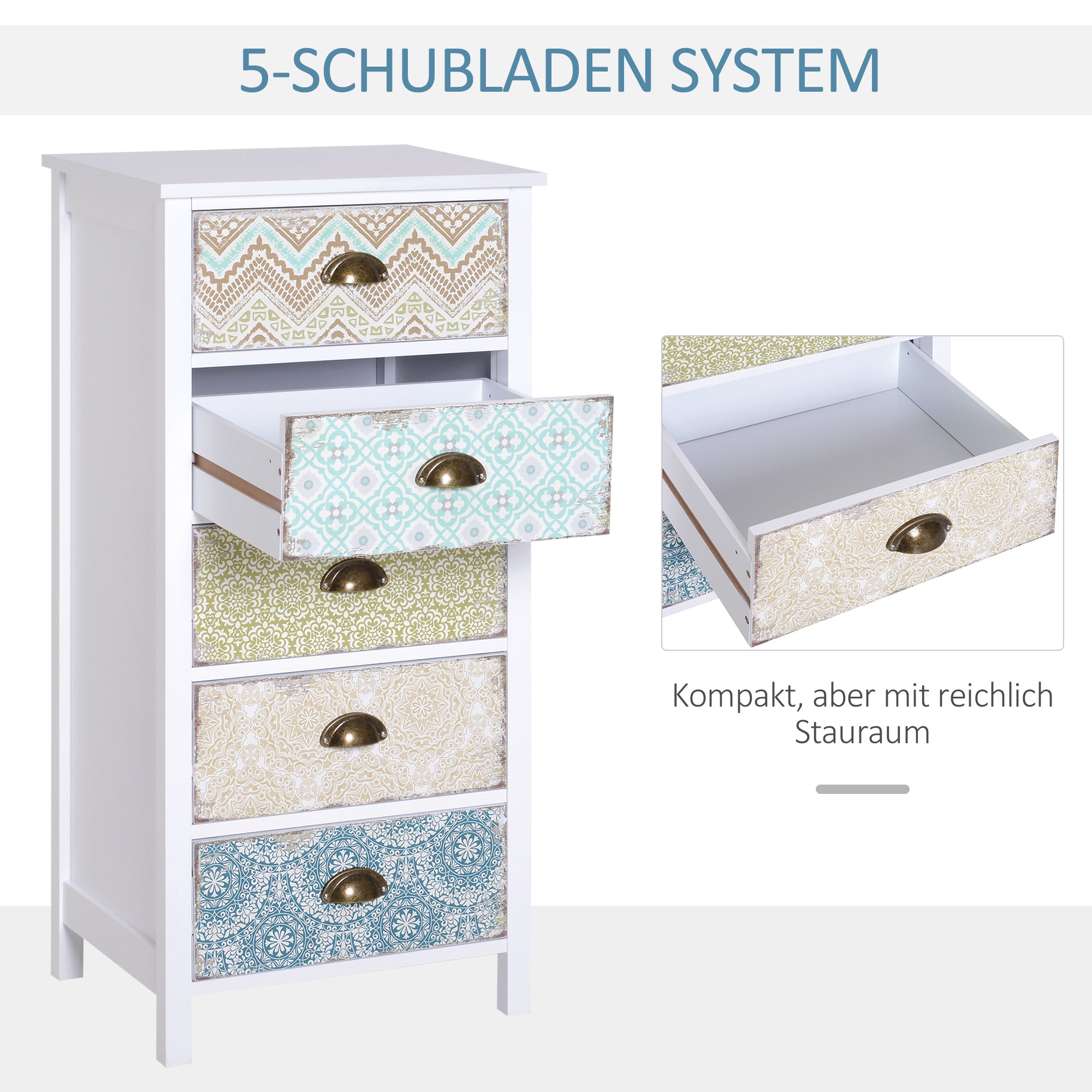 HOMCOM Kommode Schubladenkommode Siedeboard, Modern-Design, 5 Schubladen, 46 cm x 34 cm x 97,5 cm, Bunt