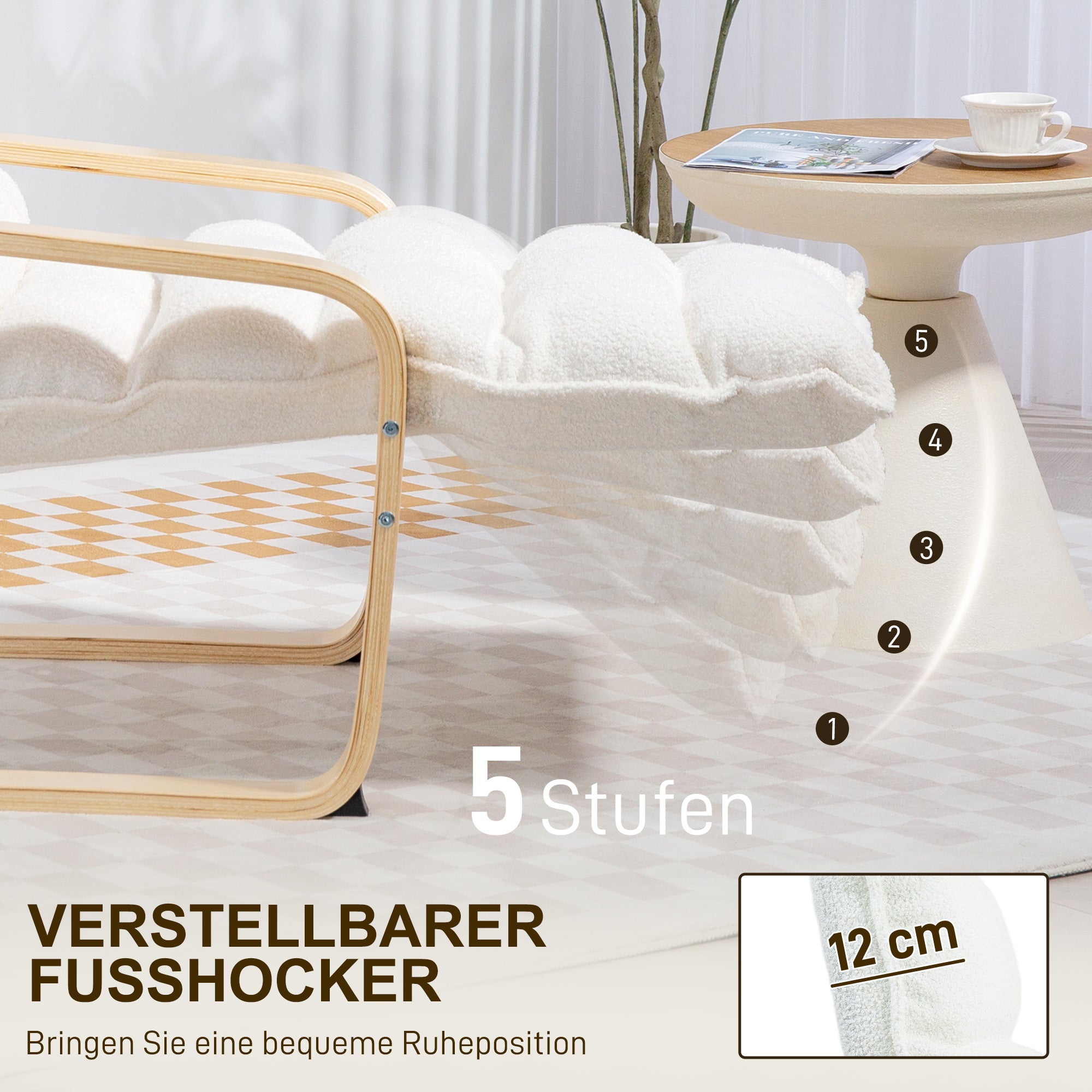 HOMCOM Lounge-Sessel aus Birkenholz, Polstersessel, verstellbare Fußstütze, Weiß