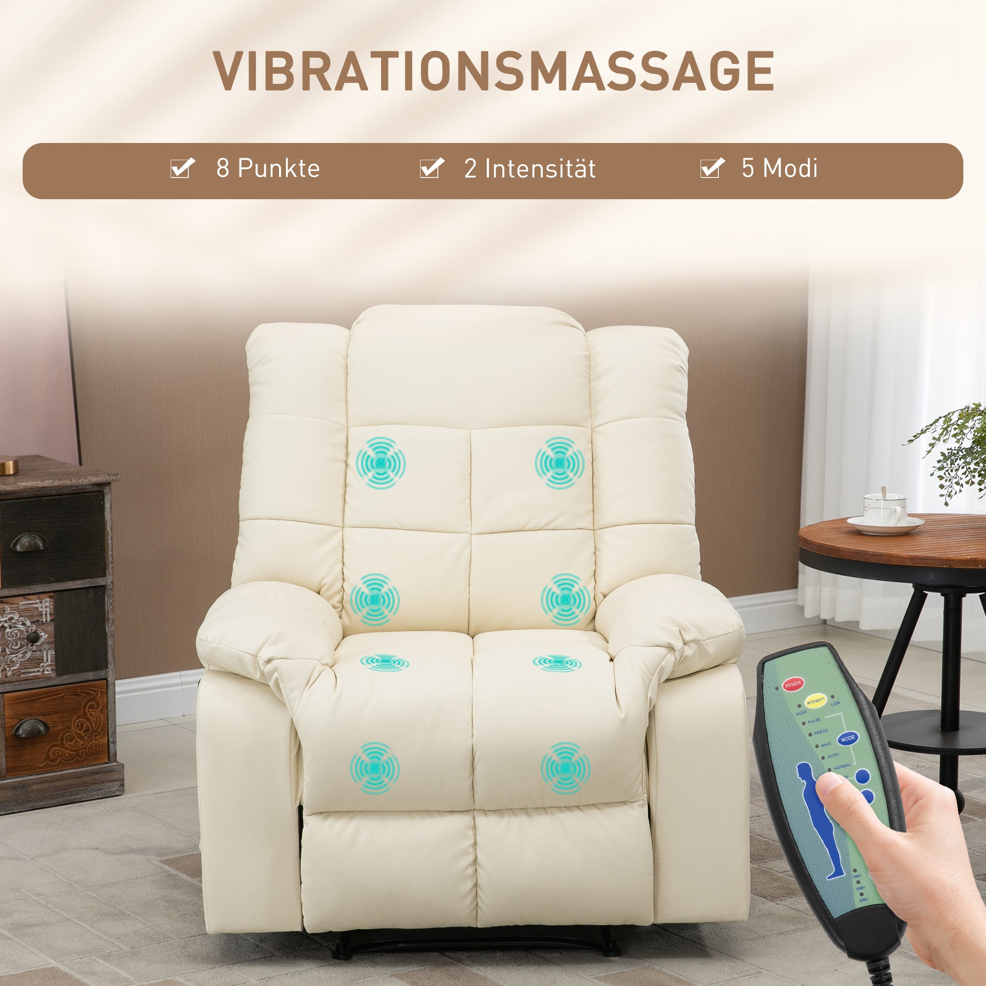 HOMCOM Massagesessel, Relaxsessel, 8 Vibrationspunkte, Liegefunktion, Kunstleder, cremeweiß, 94x99x99cm