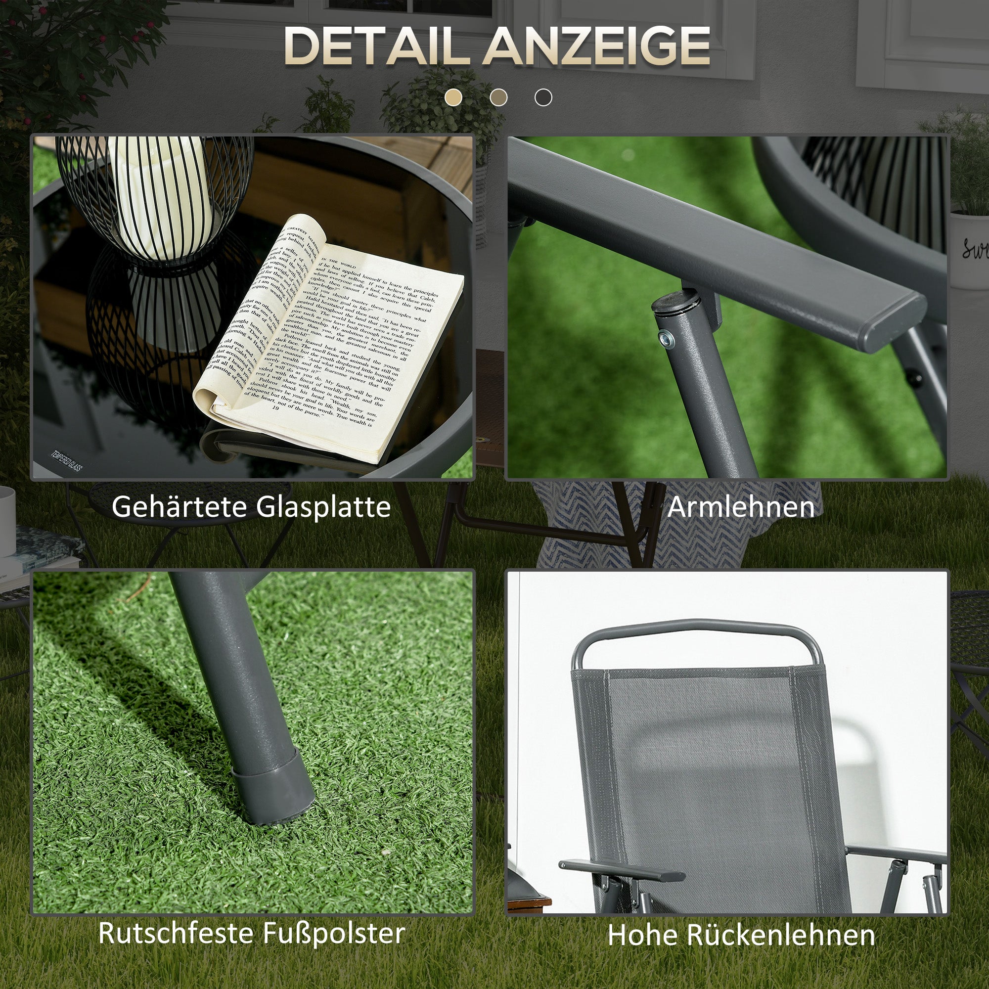 Outsunny Bistro-Set 3-teilig aus Metall Wetterfest Gartenmöbel Set mit klappbar Glastisch Gartenstühlen Dunkelgrau