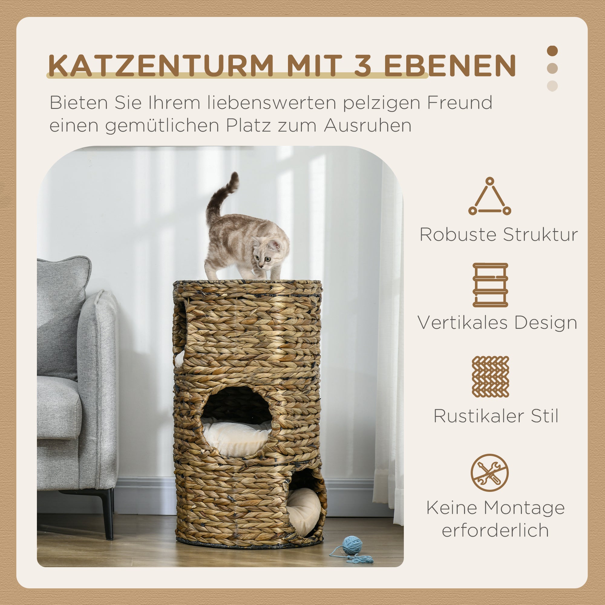PawHut Katzenturm, Kratztonne, 3 Katzenhöhlen, inkl. Kissen, Ø40x73H cm, Dunkelbraun