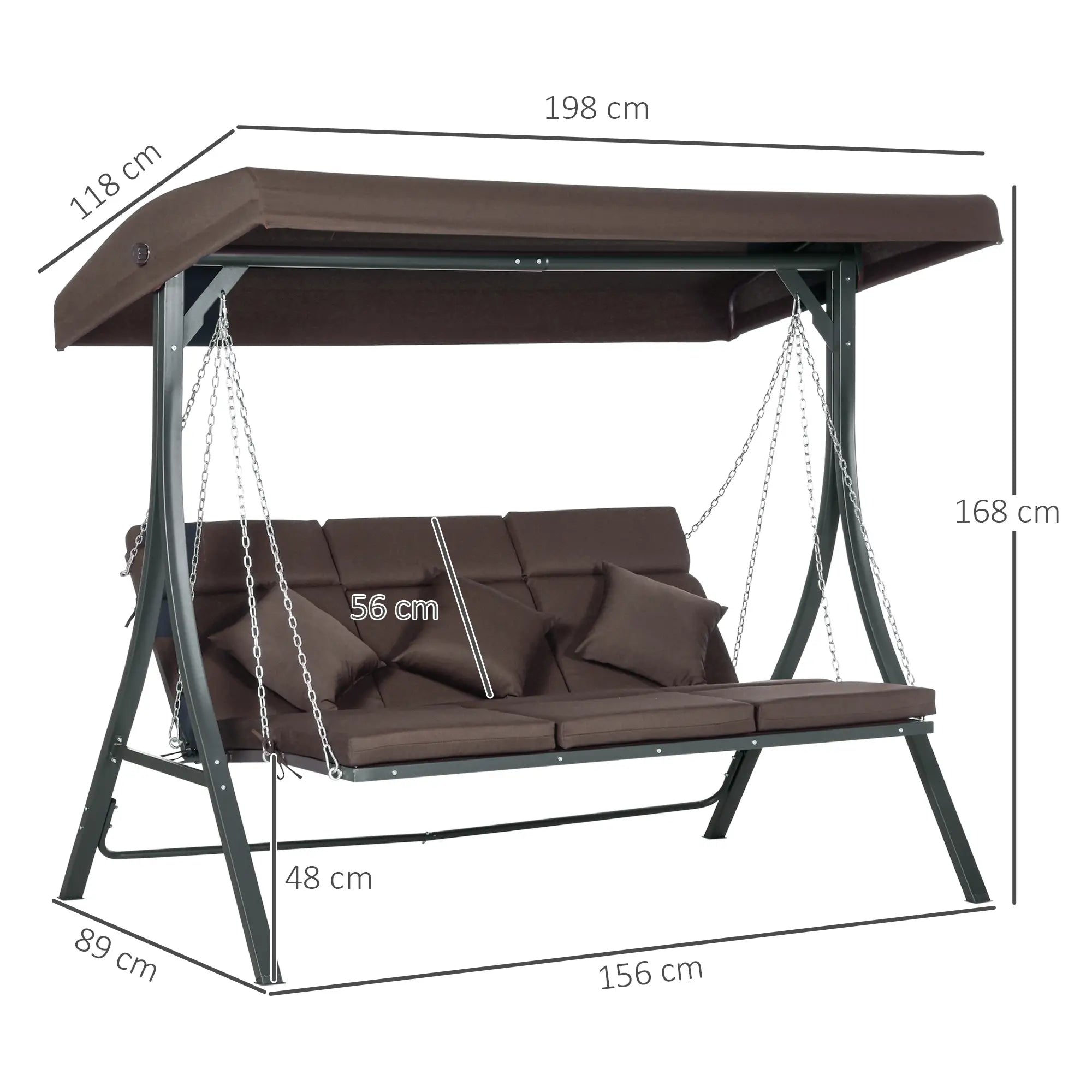 Outsunny Hollywoodschaukel, für 3 Personen, verstellbares Sonnendach, bis 270 kg, braun, 198 x 118 x 168 cm