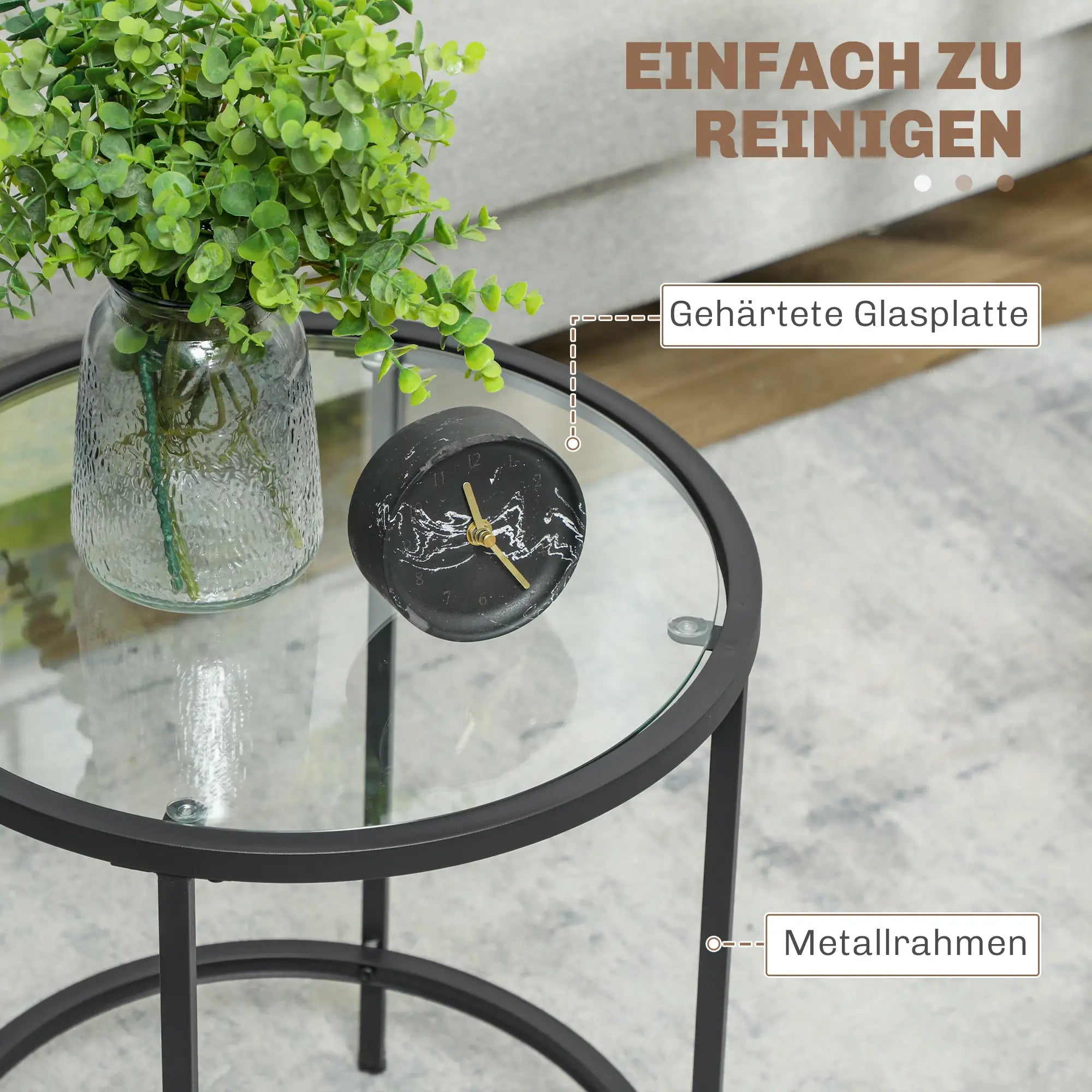 HOMCOM Runder Beistelltisch mit Glasplatte und Metallrahmen, kleiner Kaffeetisch für Wohnzimmer, Schlafzimmer, Schwarz
